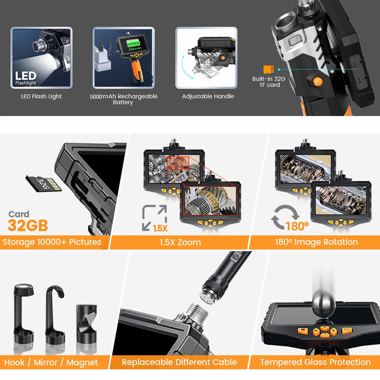 TESLONG NTS300 5.0-Inch Display 7.6mm Lens Diameter 5M Pipe Inspection Endoscope