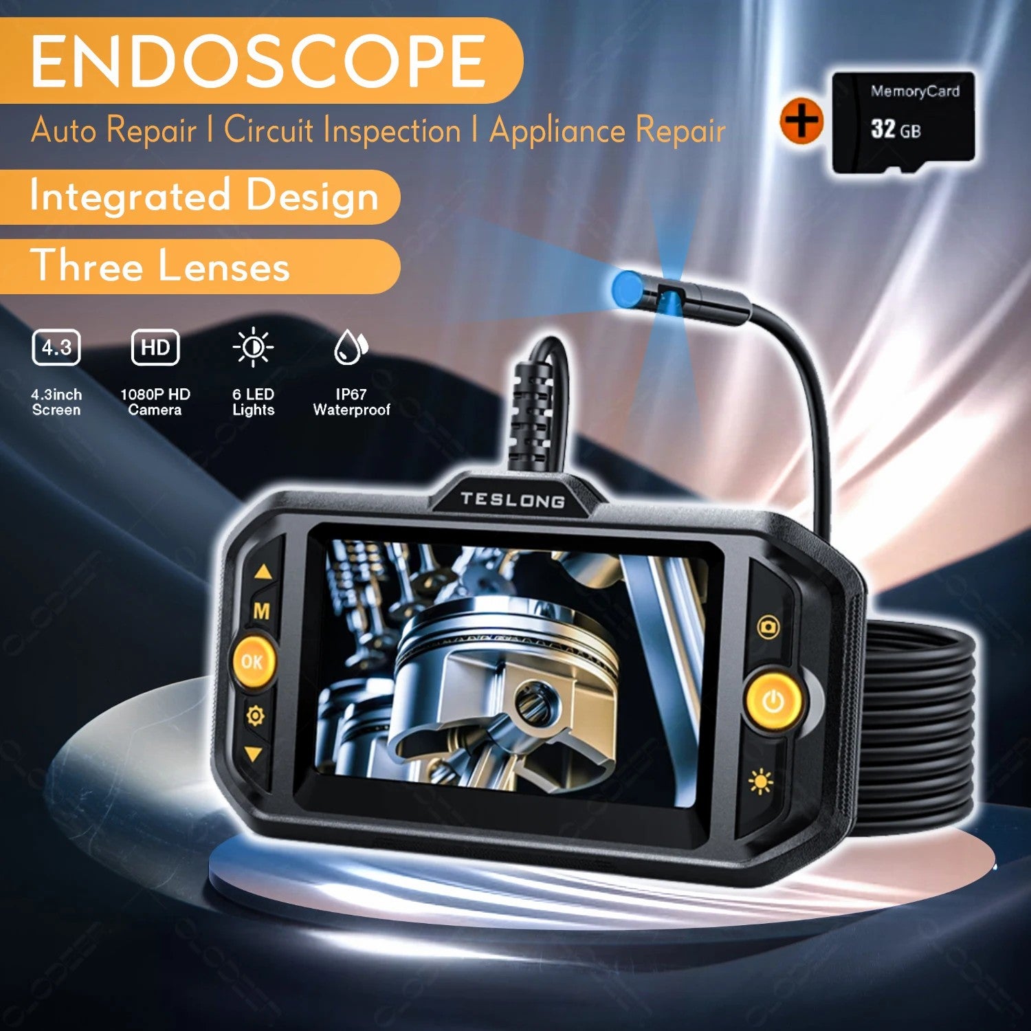 TESLONG TS43S 4.3-Inch HD Screen Endoscope 7.9mm Triple Lens Camera Probe