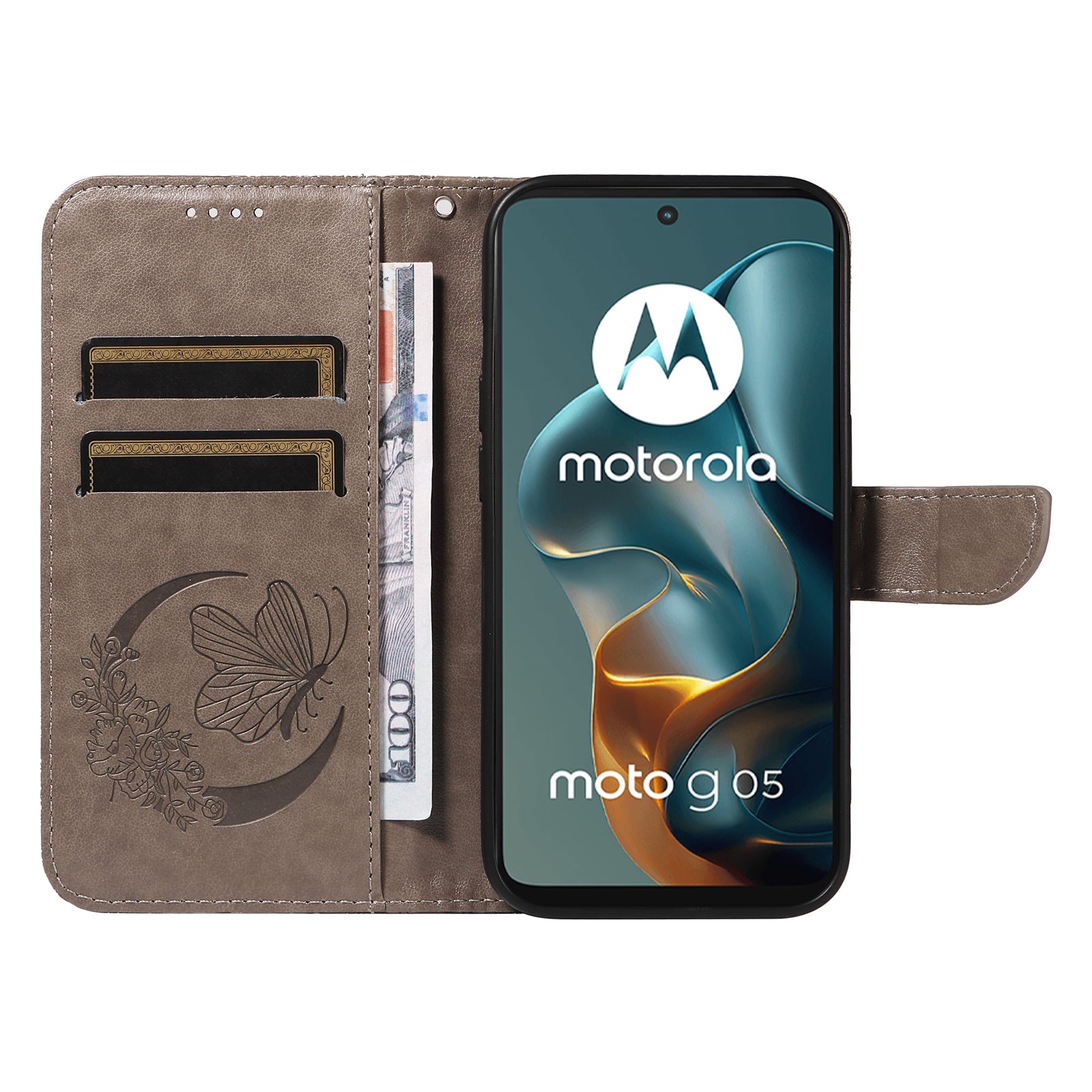 For Motorola Moto G05 4G Case Butterfly Pattern PU Leather Folio Flip Phone Cover Grey