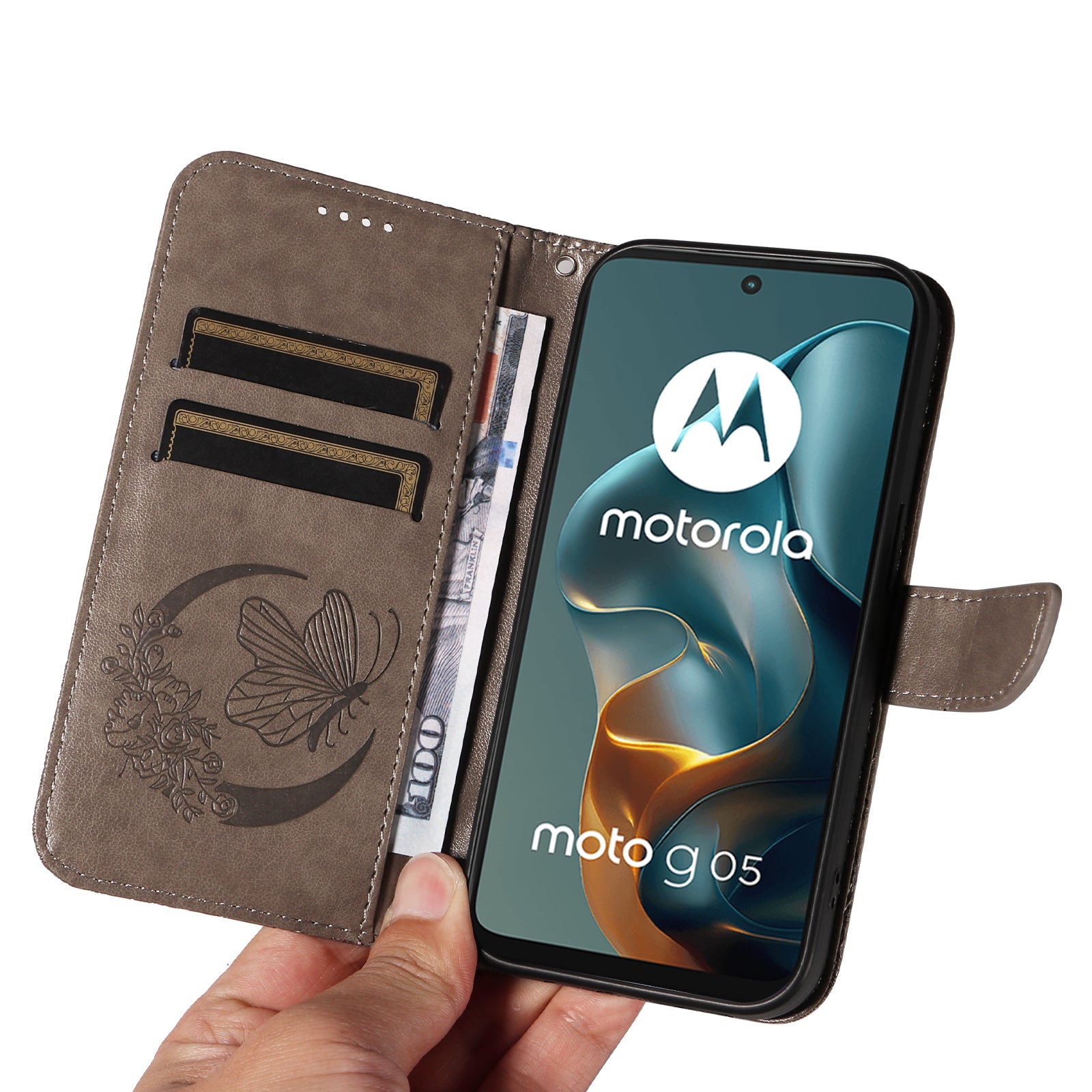 For Motorola Moto G05 4G Case Butterfly Pattern PU Leather Folio Flip Phone Cover Grey