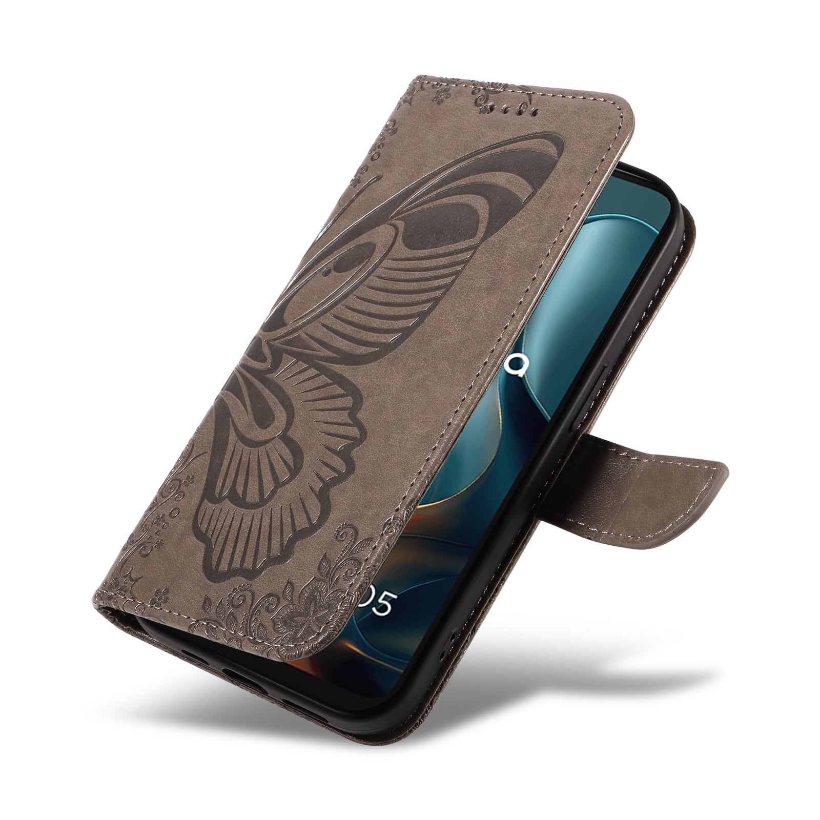 For Motorola Moto G05 4G Case Butterfly Pattern PU Leather Folio Flip Phone Cover Grey
