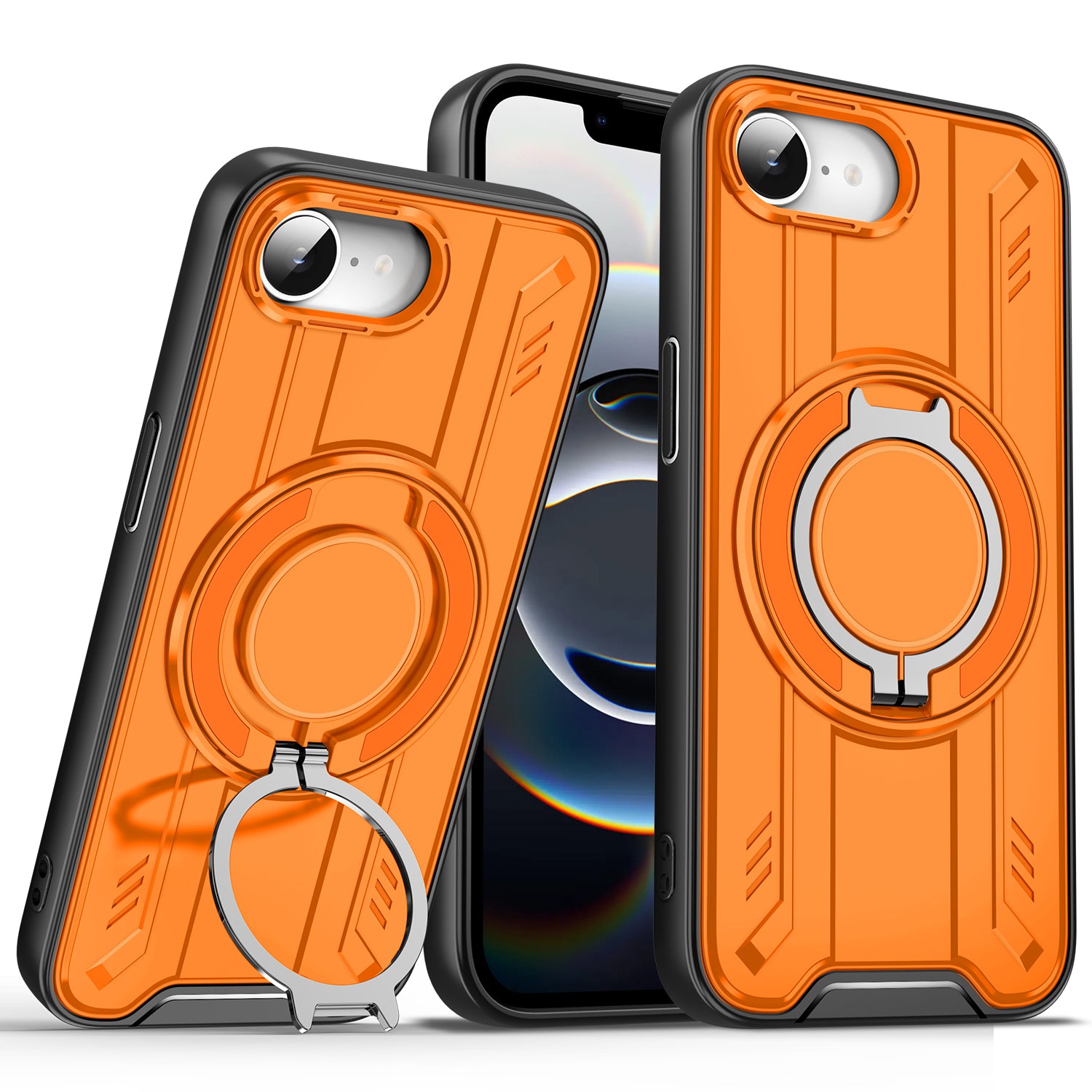 For iPhone 16e Case Compatible with MagSafe Rotating Ring Kickstand PC + TPU Shockproof Phone Cover Orange