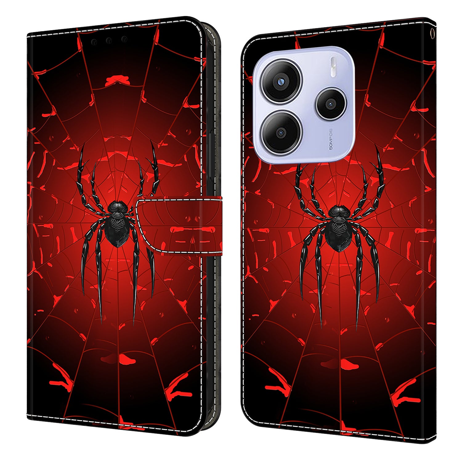 For Xiaomi Redmi Note 14 4G (164.84mm) Wallet Case Pattern Printing PU Leather Flip Stand Phone Cover Black Spider