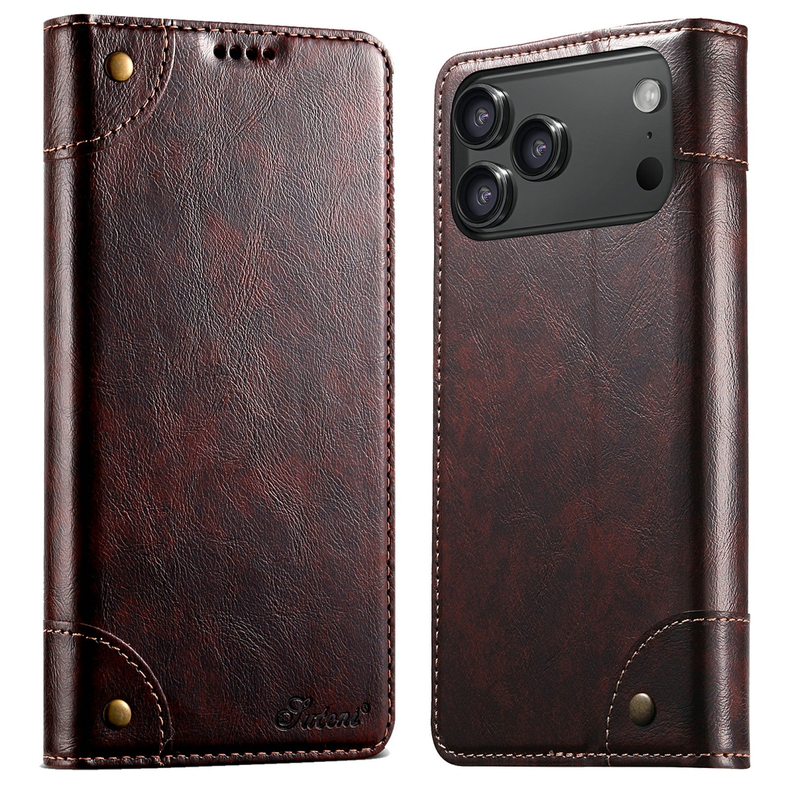 SUTENI For iPhone 17 Pro Max Case PU Leather Stand Wallet Phone Cover Brown