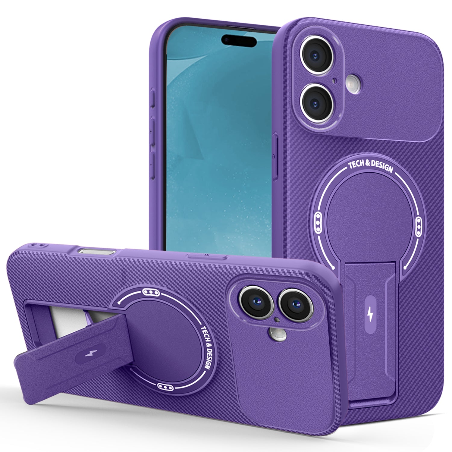 For iPhone 16 Case with Kickstand Carbon Fiber Texture PC + TPU Phone Cover Purple