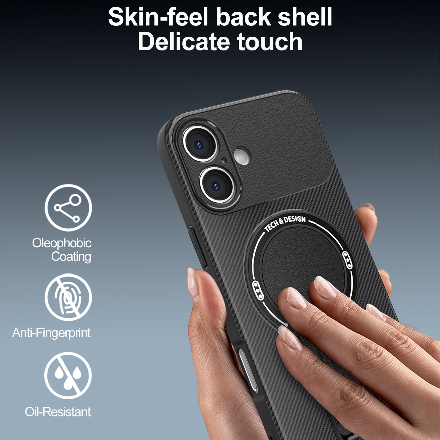 For iPhone 16 Case with Kickstand Carbon Fiber Texture PC + TPU Phone Cover Purple