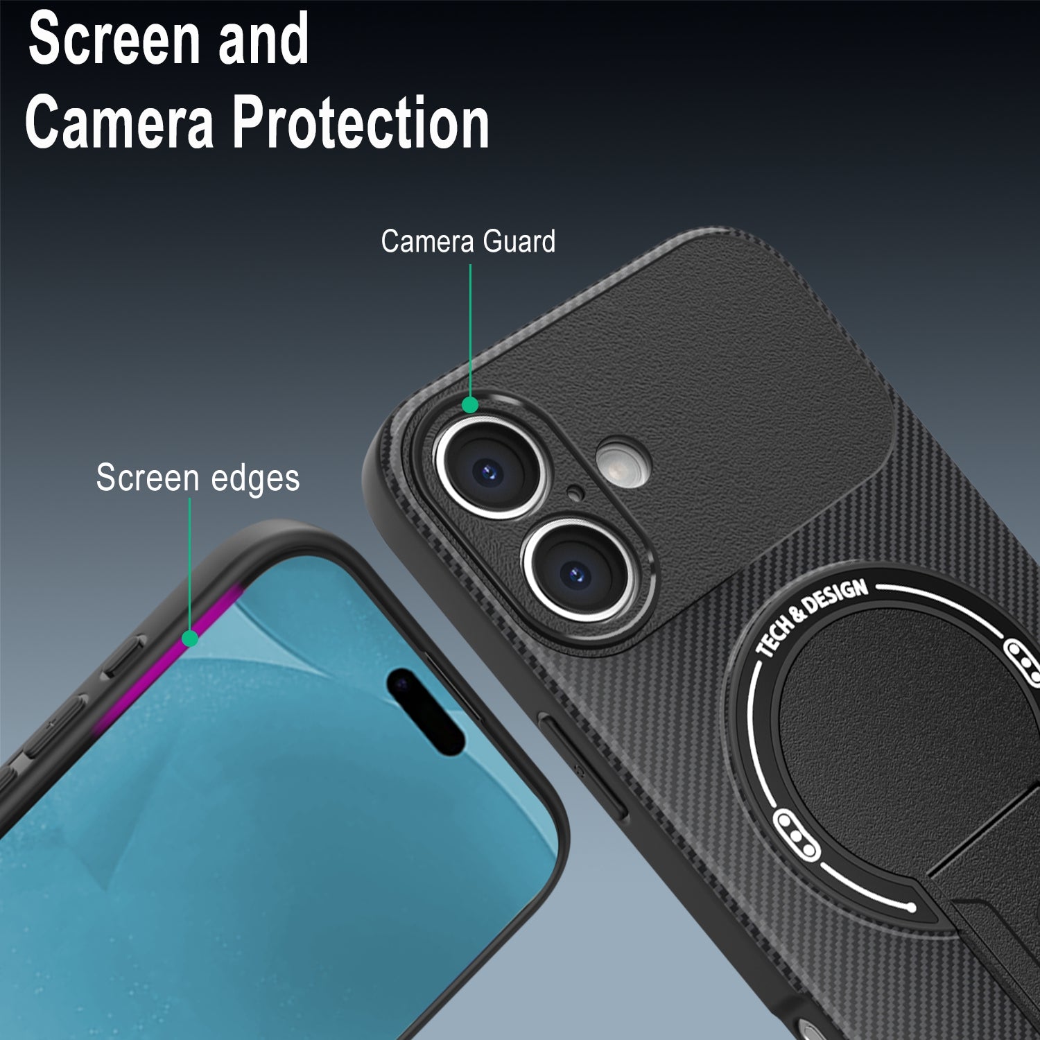 For iPhone 16 Case with Kickstand Carbon Fiber Texture PC + TPU Phone Cover Purple