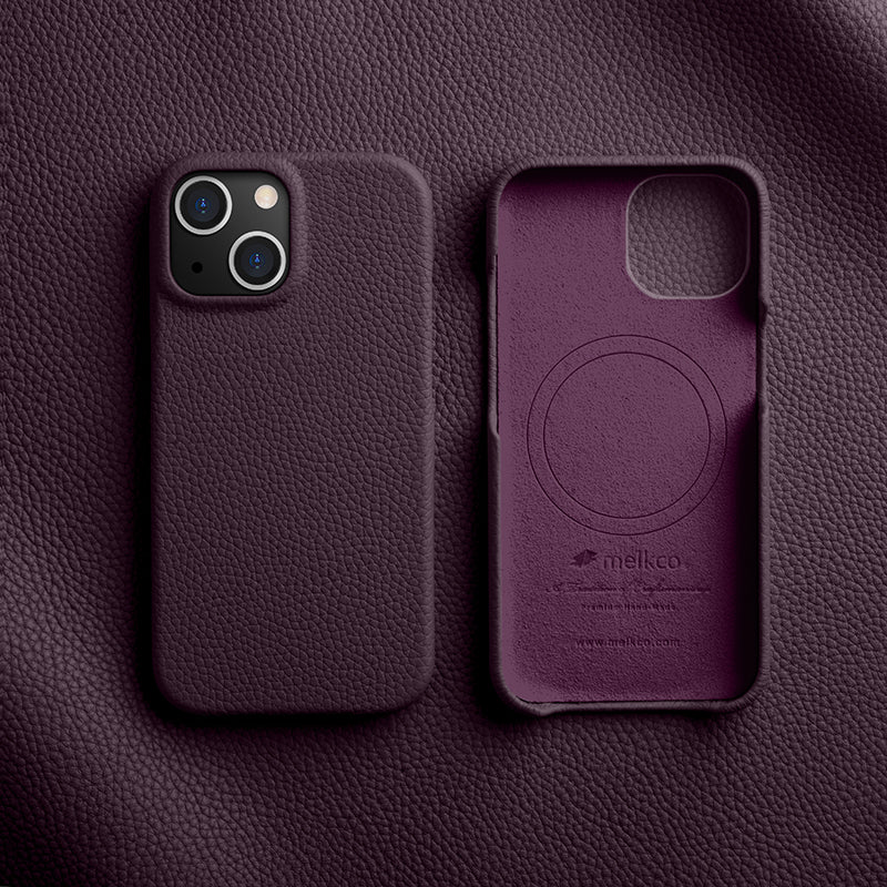 MELKCO For iPhone 14 Anti-drop Case Genuine Cow Leather+PC Phone Cover Compatible with MagSafe - Purple