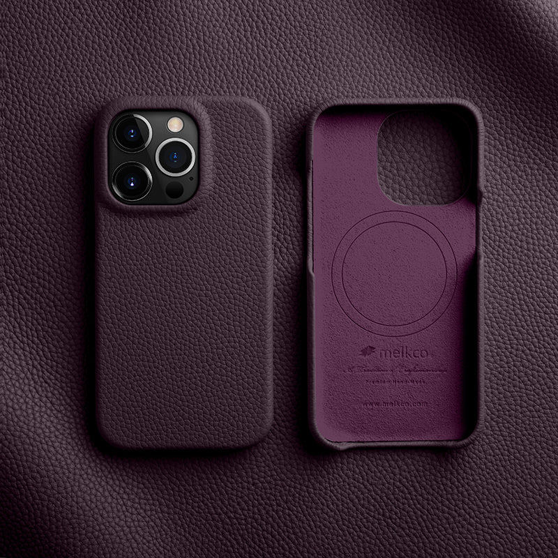 MELKCO For iPhone 14 Pro Genuine Cow Leather Coated PC Phone Case Magnetic Drop-proof Cover - Purple