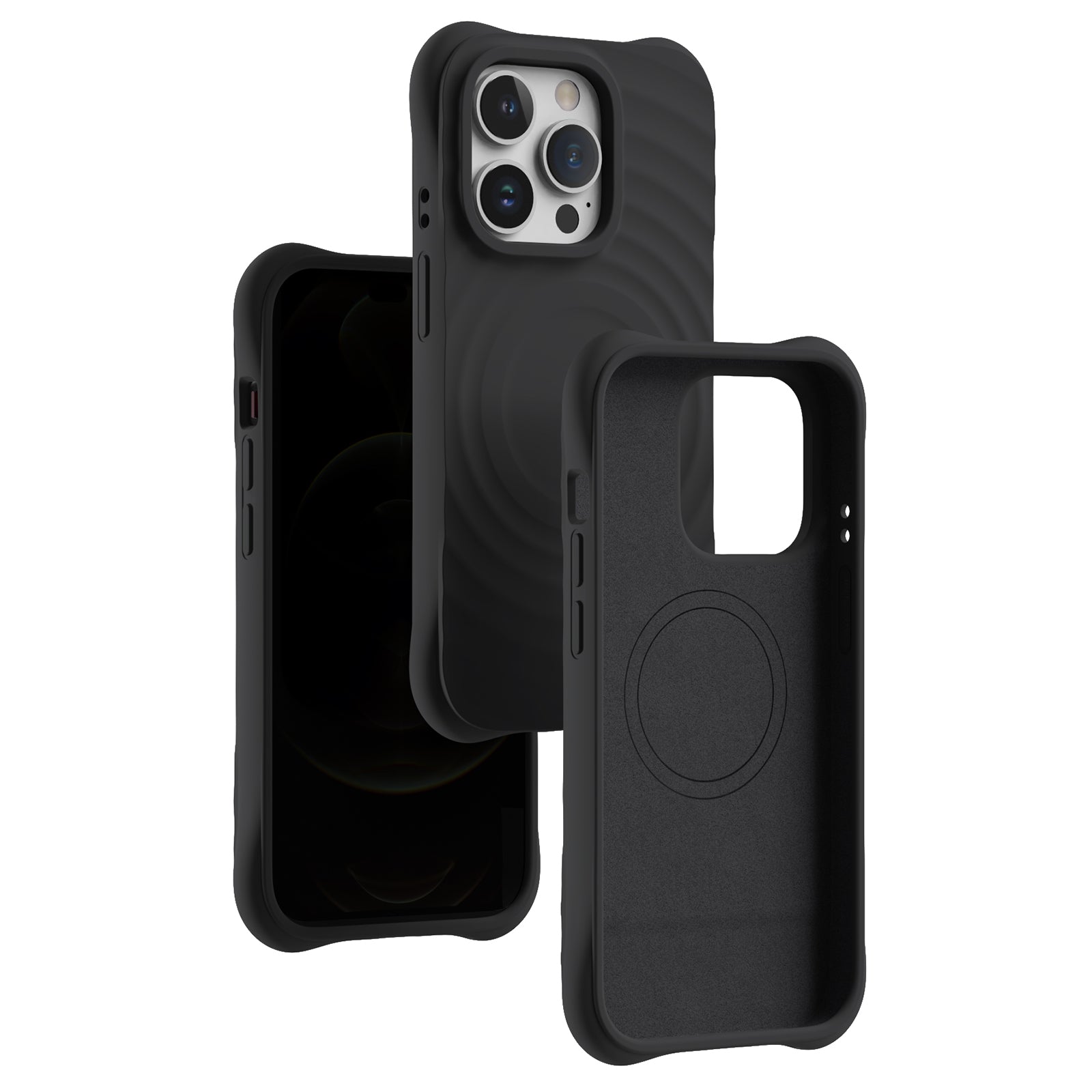 For iPhone 13 Pro Max 6.7 inch Cell Phone Cases 3D Ripple Texture Compatible with MagSafe PC+Liquid Silicone Cover - Black