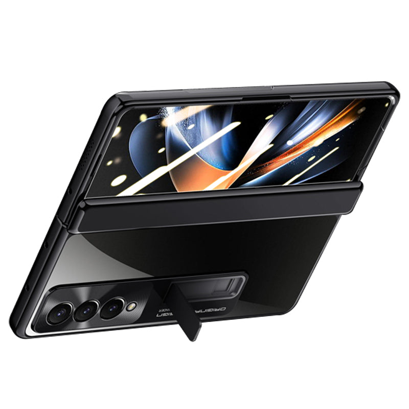 For Samsung Galaxy Z Fold4 5G Phone Case Electroplating Kickstand Cover with HD Clear Screen Protector - Black