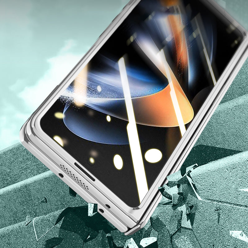 For Samsung Galaxy Z Fold4 5G Phone Case Electroplating Kickstand Cover with HD Clear Screen Protector - Black