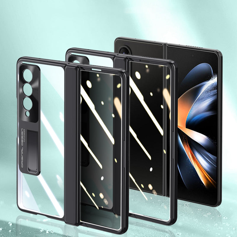For Samsung Galaxy Z Fold4 5G Phone Case Electroplating Kickstand Cover with HD Clear Screen Protector - Black