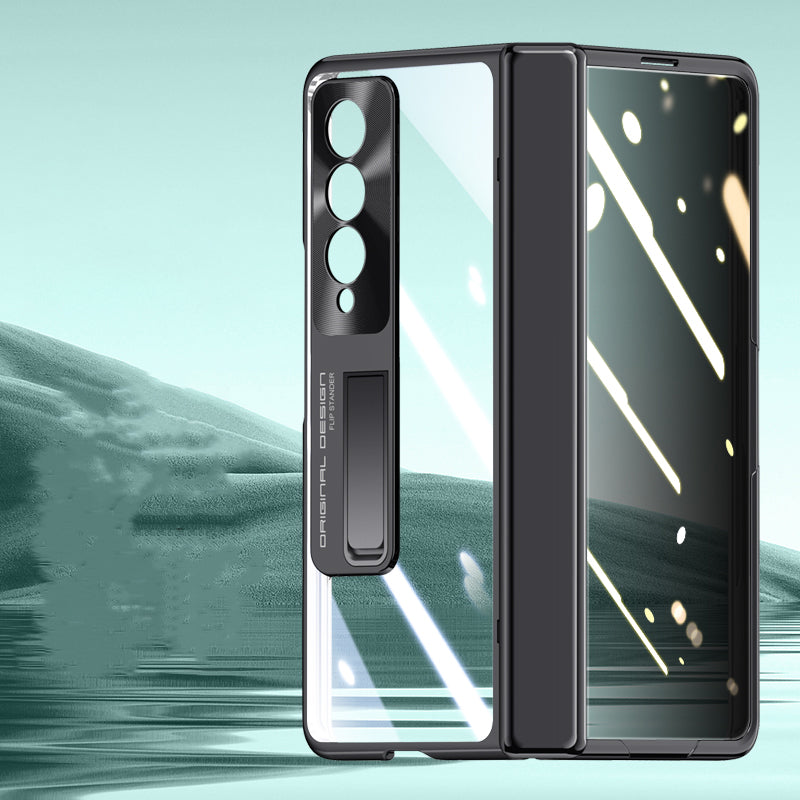 For Samsung Galaxy Z Fold4 5G Phone Case Electroplating Kickstand Cover with HD Clear Screen Protector - Black