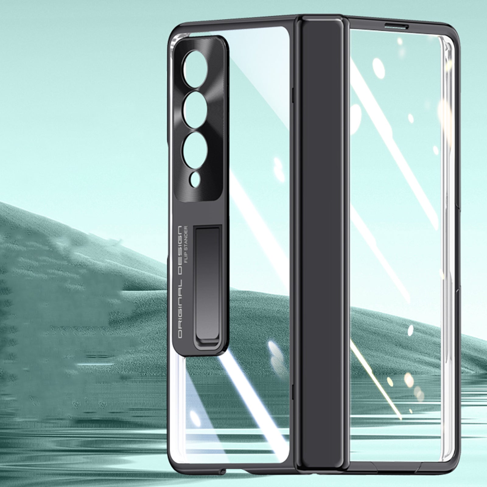 For Samsung Galaxy Z Fold4 5G Phone Case Electroplating Kickstand Cover with HD Clear Screen Protector - Black