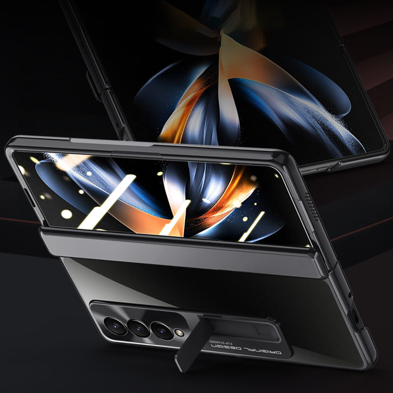 For Samsung Galaxy Z Fold4 5G Phone Case Electroplating Kickstand Cover with HD Clear Screen Protector - Black
