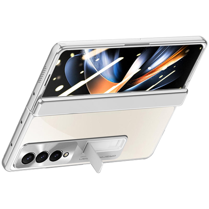 For Samsung Galaxy Z Fold4 5G Phone Case Electroplating Kickstand Cover with HD Clear Screen Protector - Black