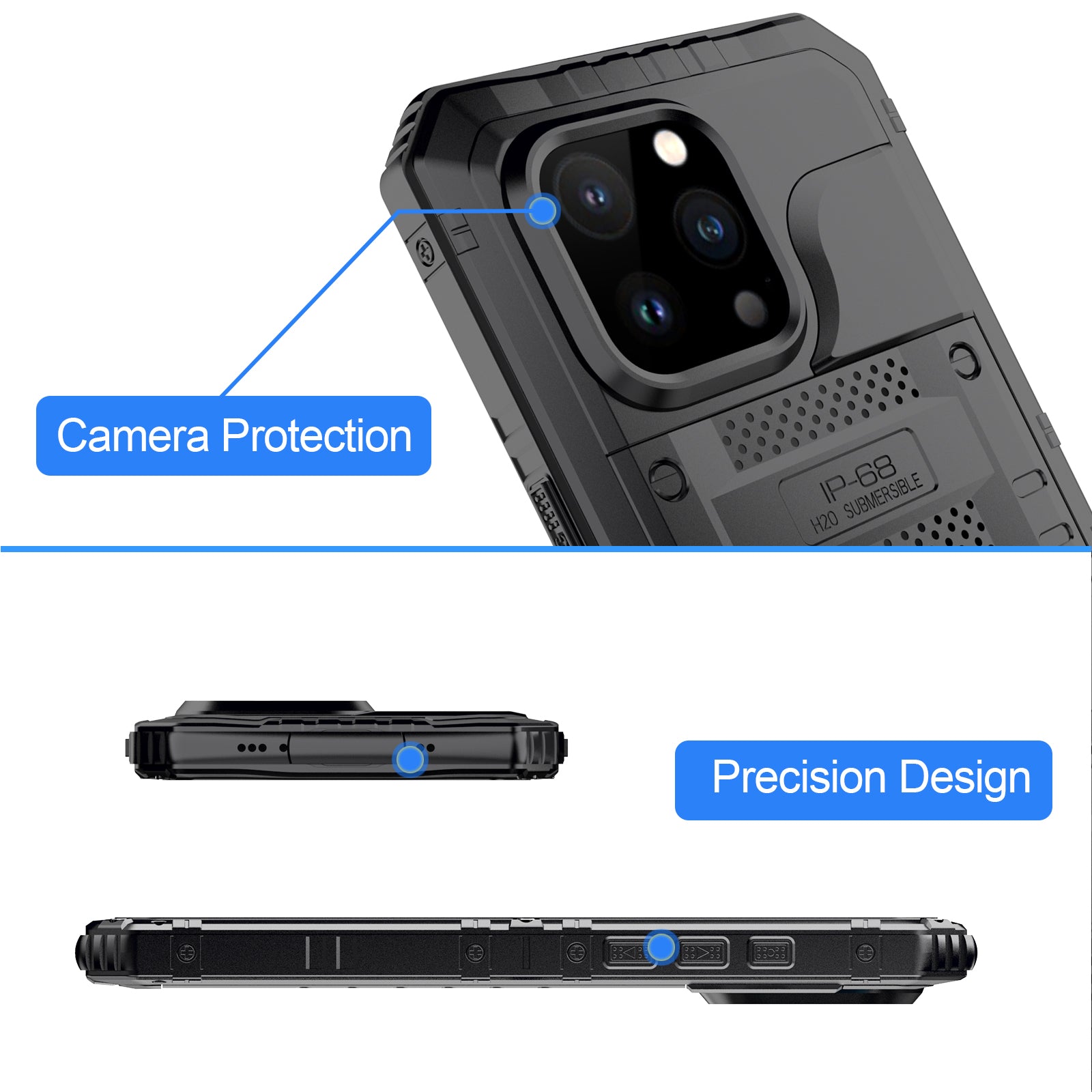 For iPhone 15 Pro Max IP68 Waterproof Case Anti-drop Phone Cover with Screen Protector - Black