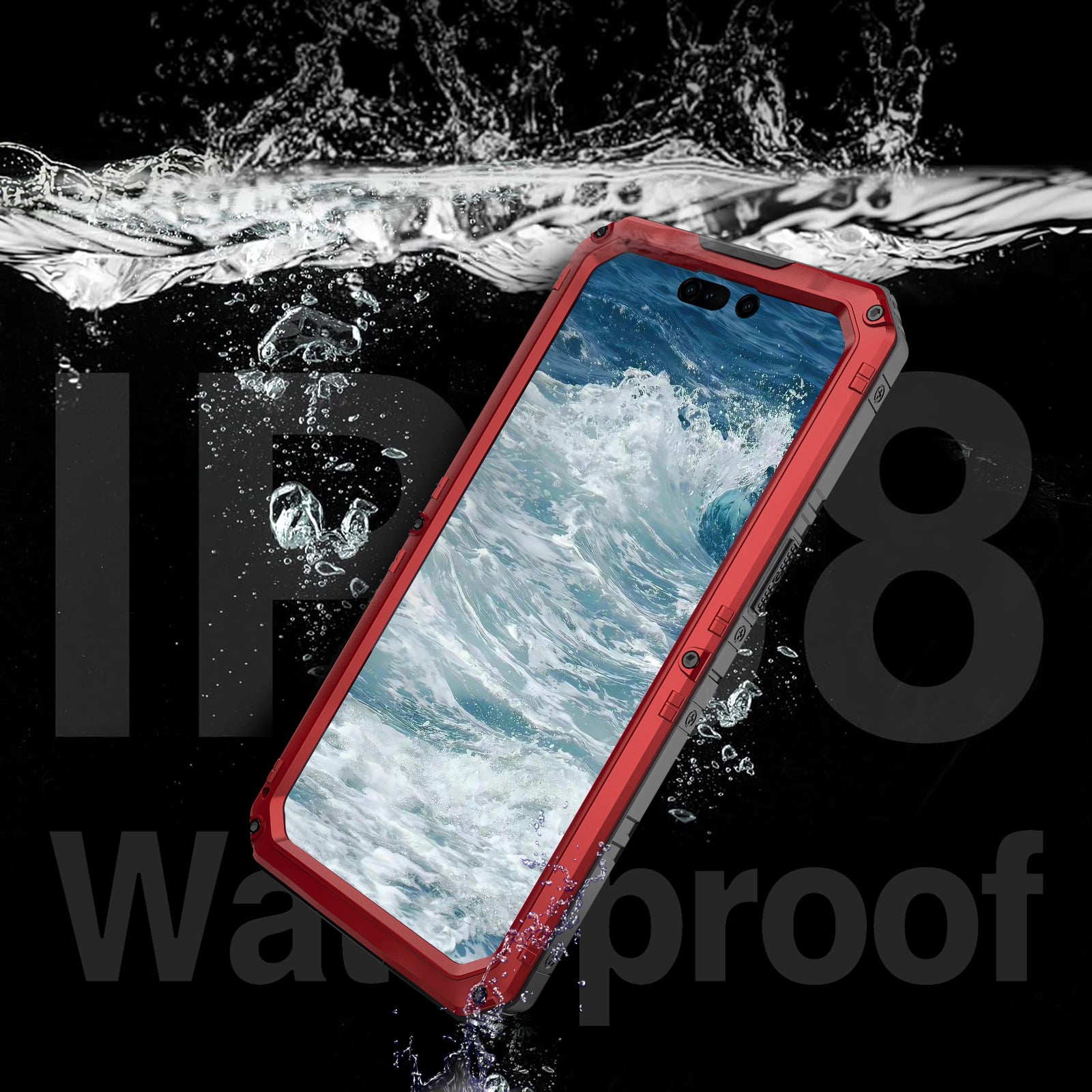 IP68 Waterproof Phone Case for iPhone 15 Pro PC+Silicone Cover with Screen Protector - Red