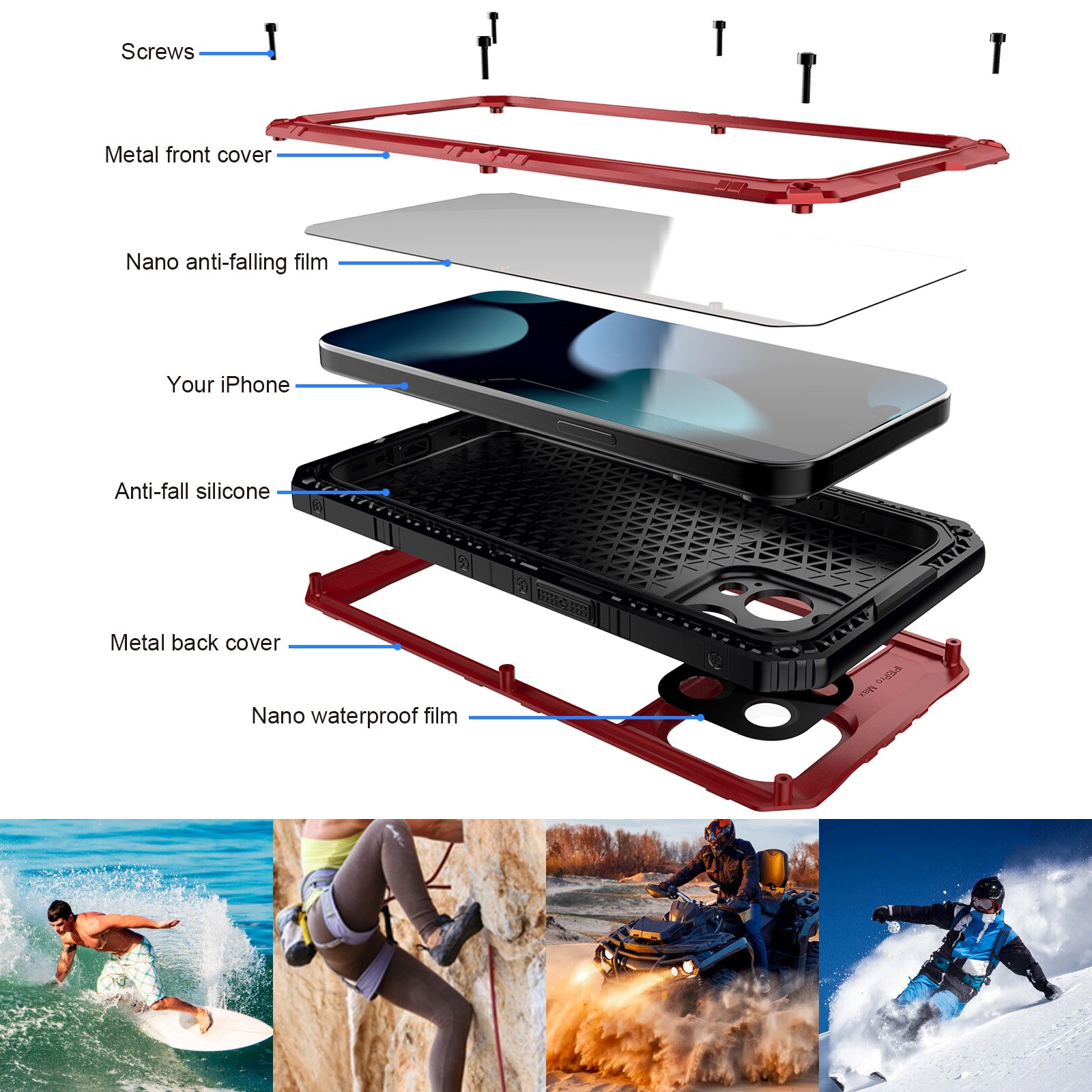 IP68 Waterproof Phone Case for iPhone 15 Pro PC+Silicone Cover with Screen Protector - Red