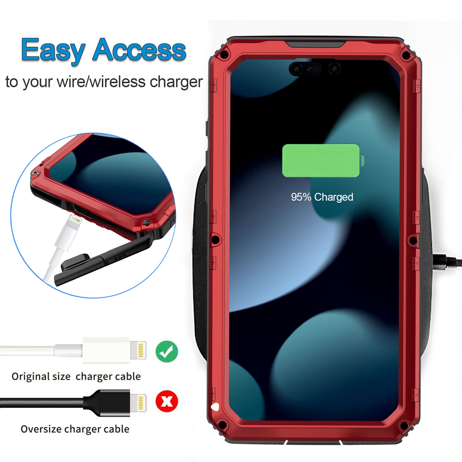 IP68 Waterproof Phone Case for iPhone 15 Pro PC+Silicone Cover with Screen Protector - Red