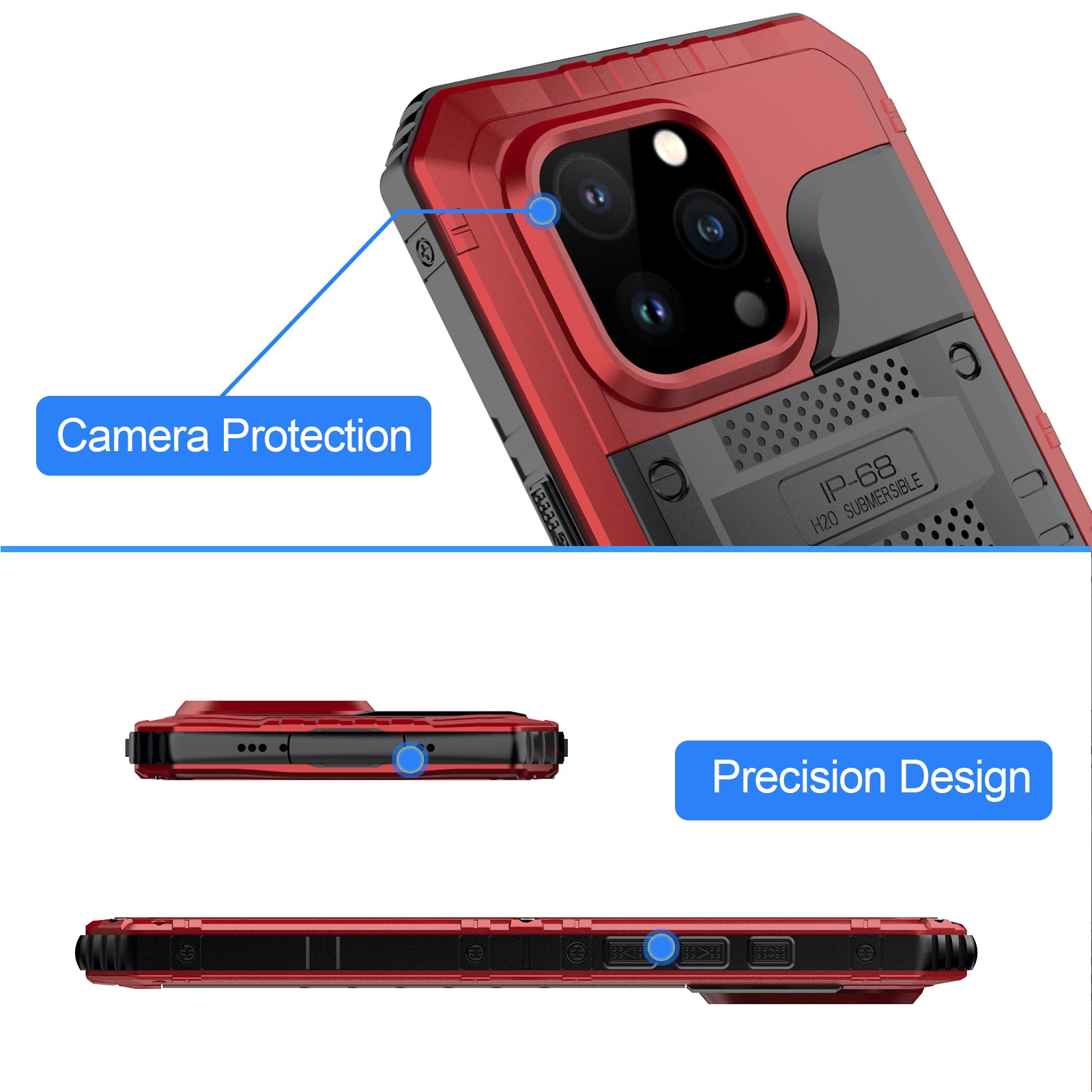 IP68 Waterproof Phone Case for iPhone 15 Pro PC+Silicone Cover with Screen Protector - Red
