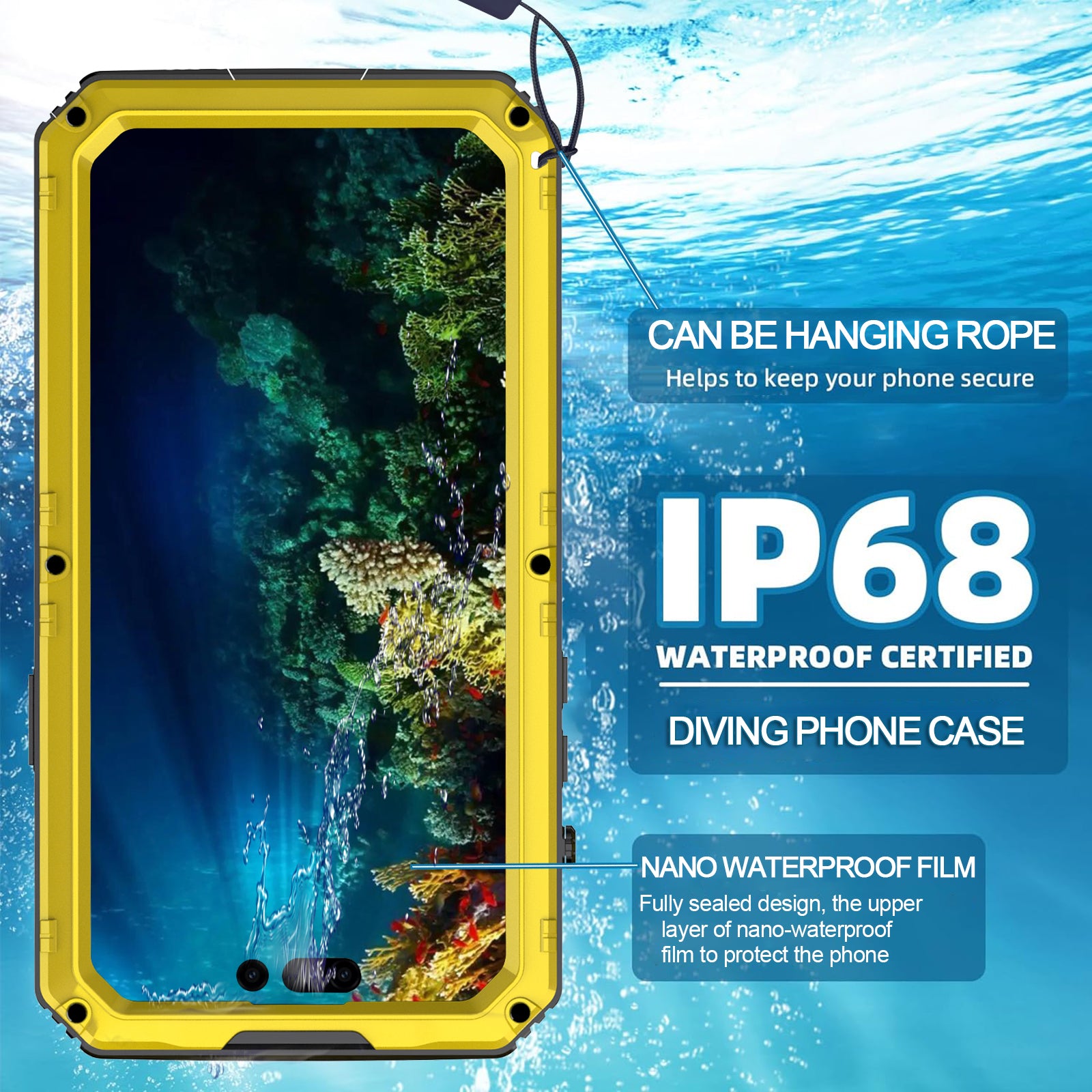 For iPhone 15 IP68 Waterproof Case Drop-proof PC+Silicone Cover with Screen Protector - Yellow