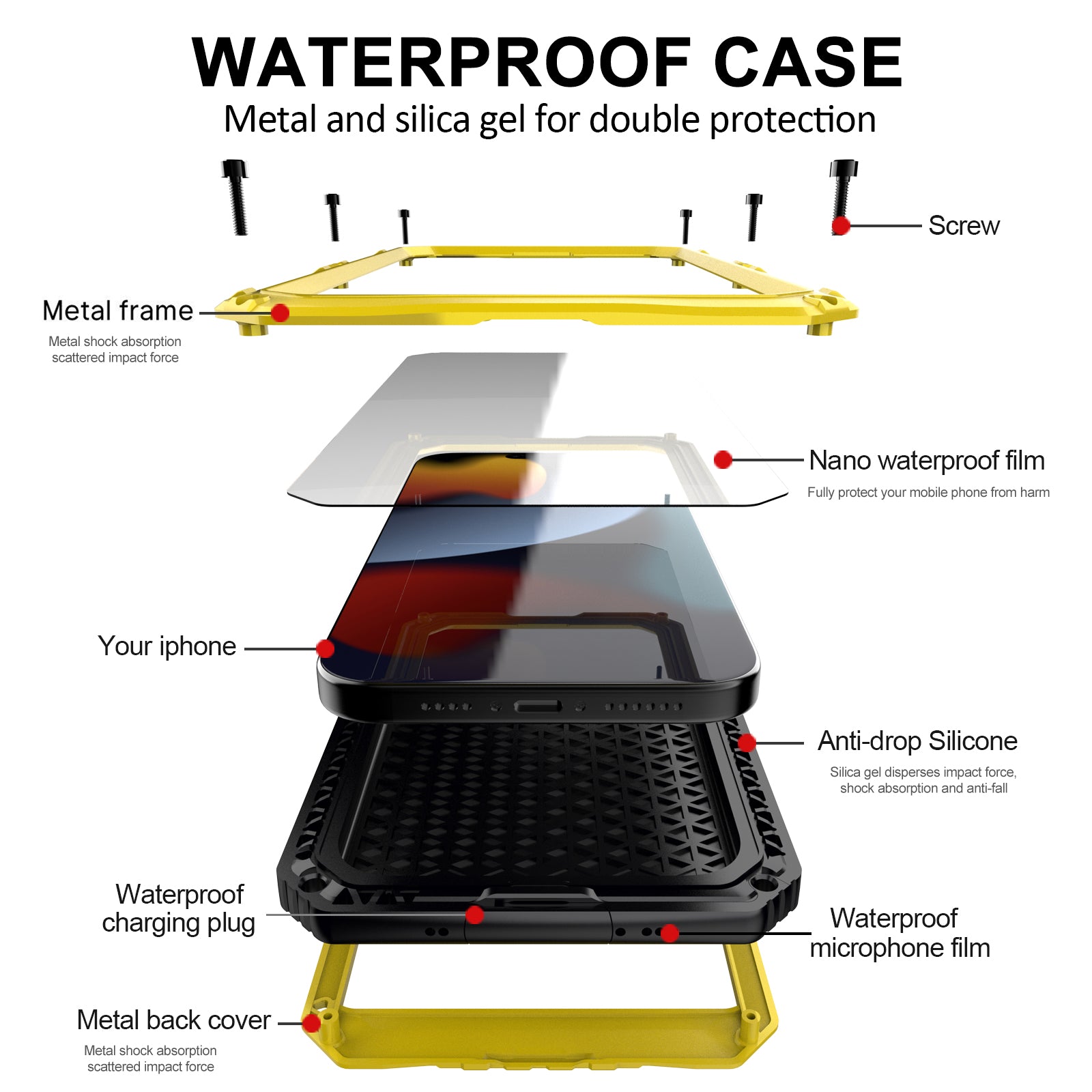 For iPhone 15 IP68 Waterproof Case Drop-proof PC+Silicone Cover with Screen Protector - Yellow