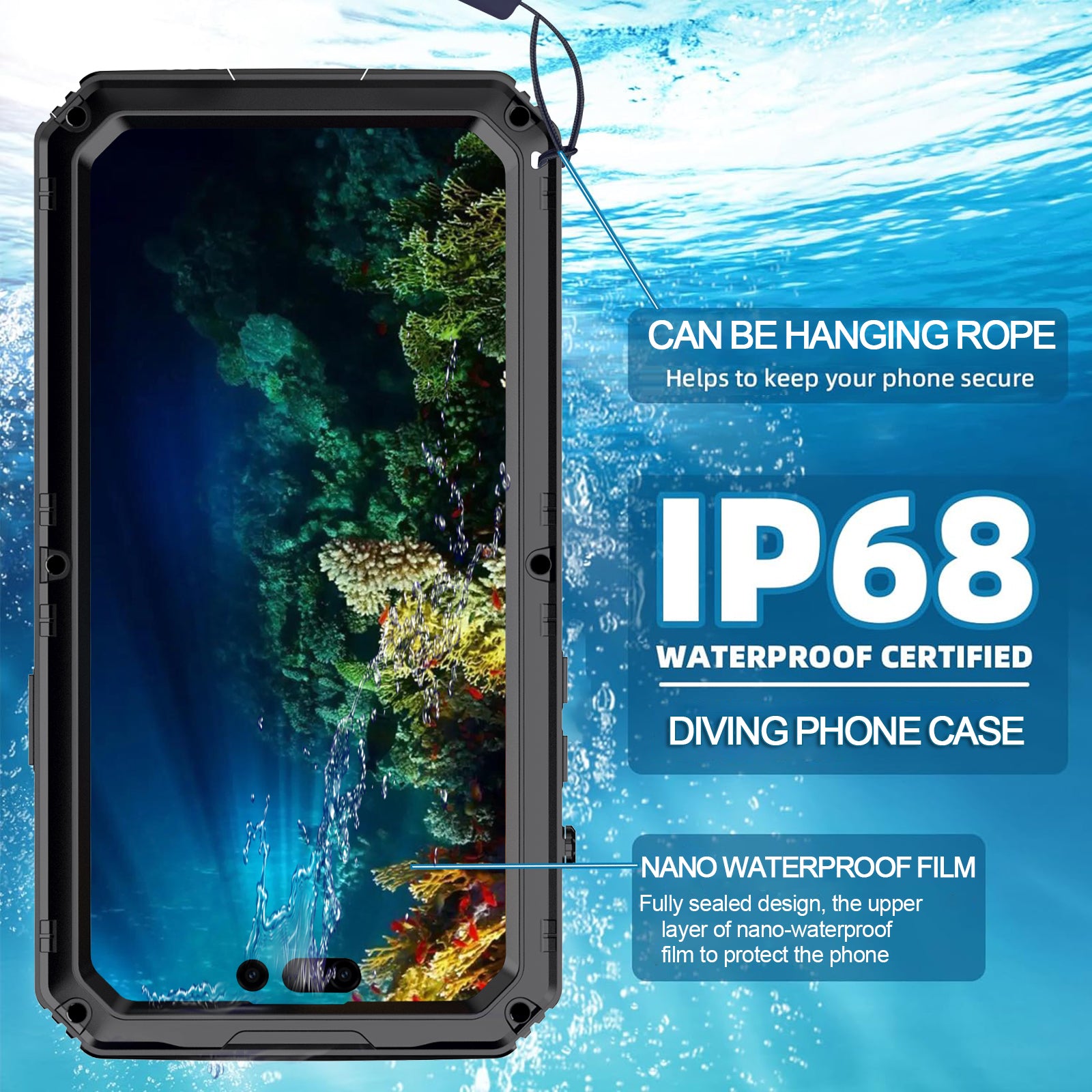 For iPhone 15 Plus Phone Case IP68 Waterproof PC+Silicone Cover with Screen Protector - Black