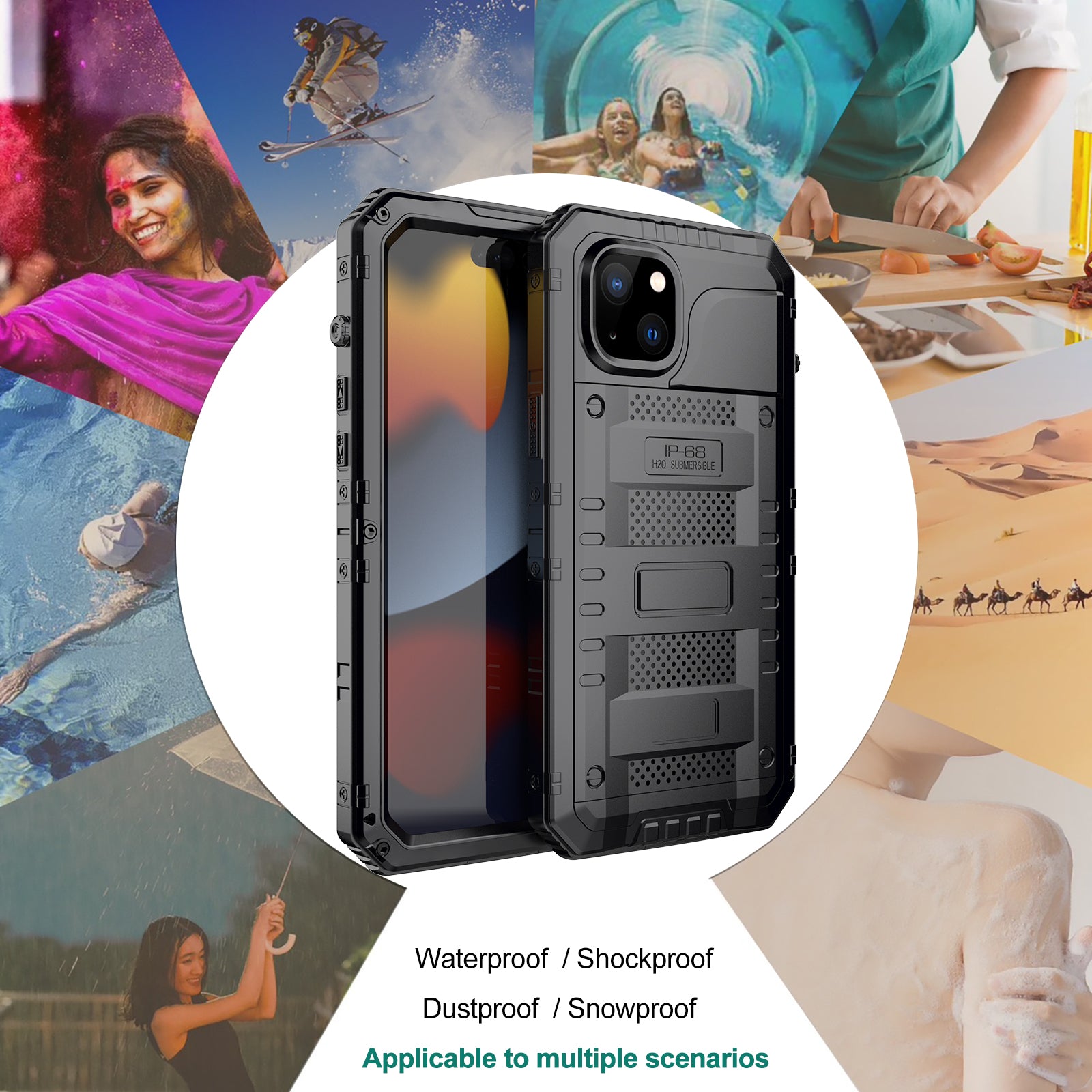 For iPhone 15 Plus Phone Case IP68 Waterproof PC+Silicone Cover with Screen Protector - Black