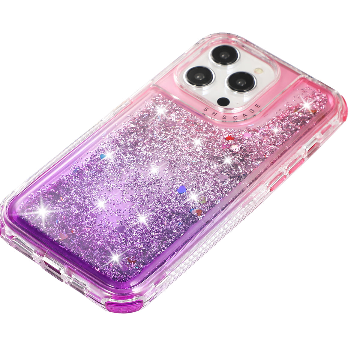 For iPhone 13 Pro Max 6.7 inch Case TPU+PC Sparkle Gradient Quicksand Cell Phone Cover - Pink+Purple