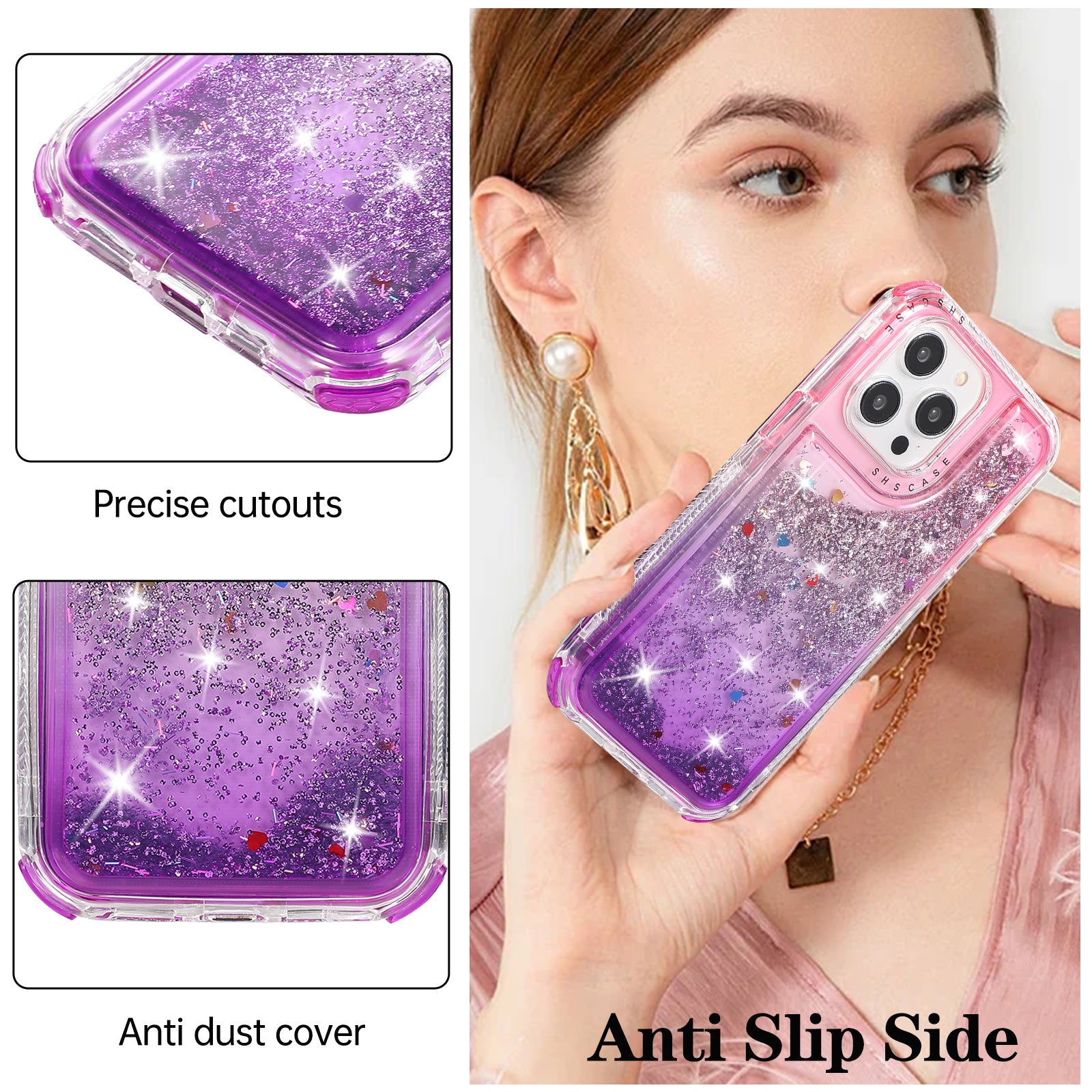 For iPhone 13 Pro Max 6.7 inch Case TPU+PC Sparkle Gradient Quicksand Cell Phone Cover - Pink+Purple