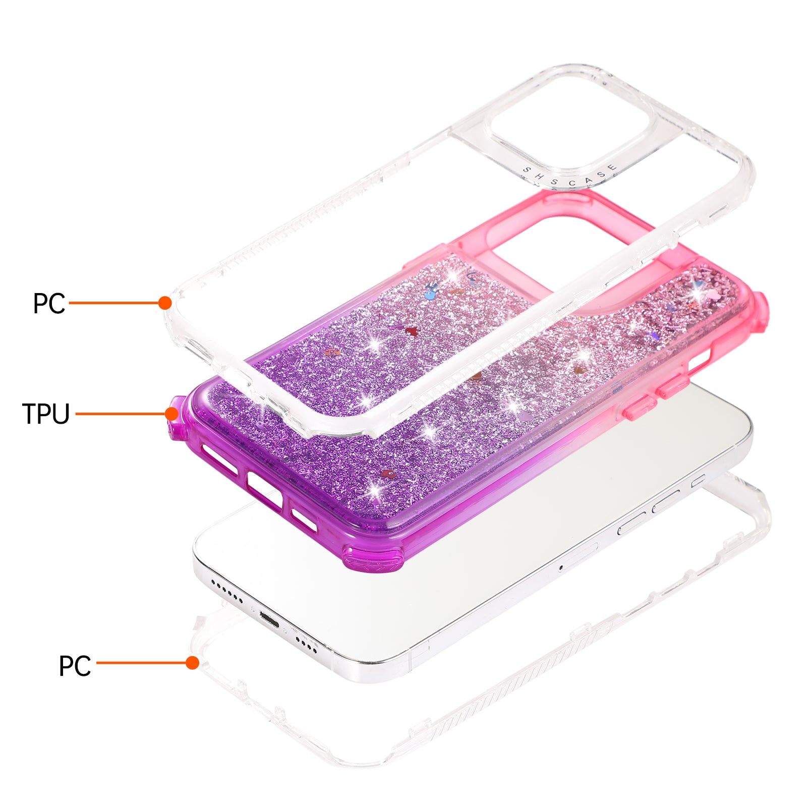 For iPhone 13 Pro Max 6.7 inch Case TPU+PC Sparkle Gradient Quicksand Cell Phone Cover - Pink+Purple
