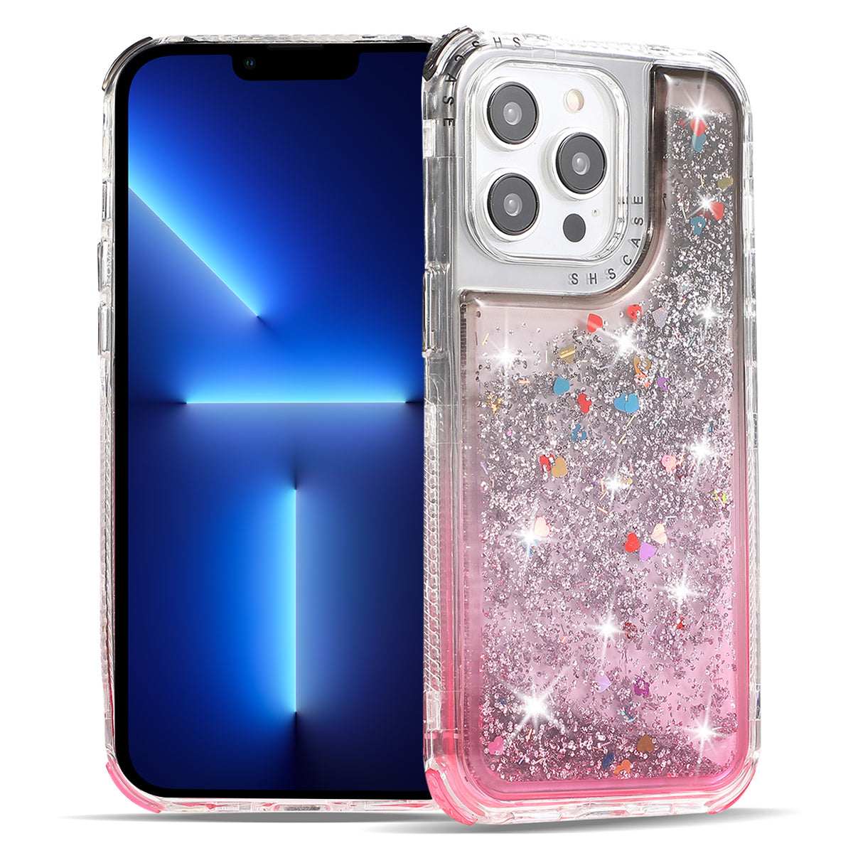 For iPhone 13 Pro Max 6.7 inch Case TPU+PC Sparkle Gradient Quicksand Cell Phone Cover - Pink+Purple
