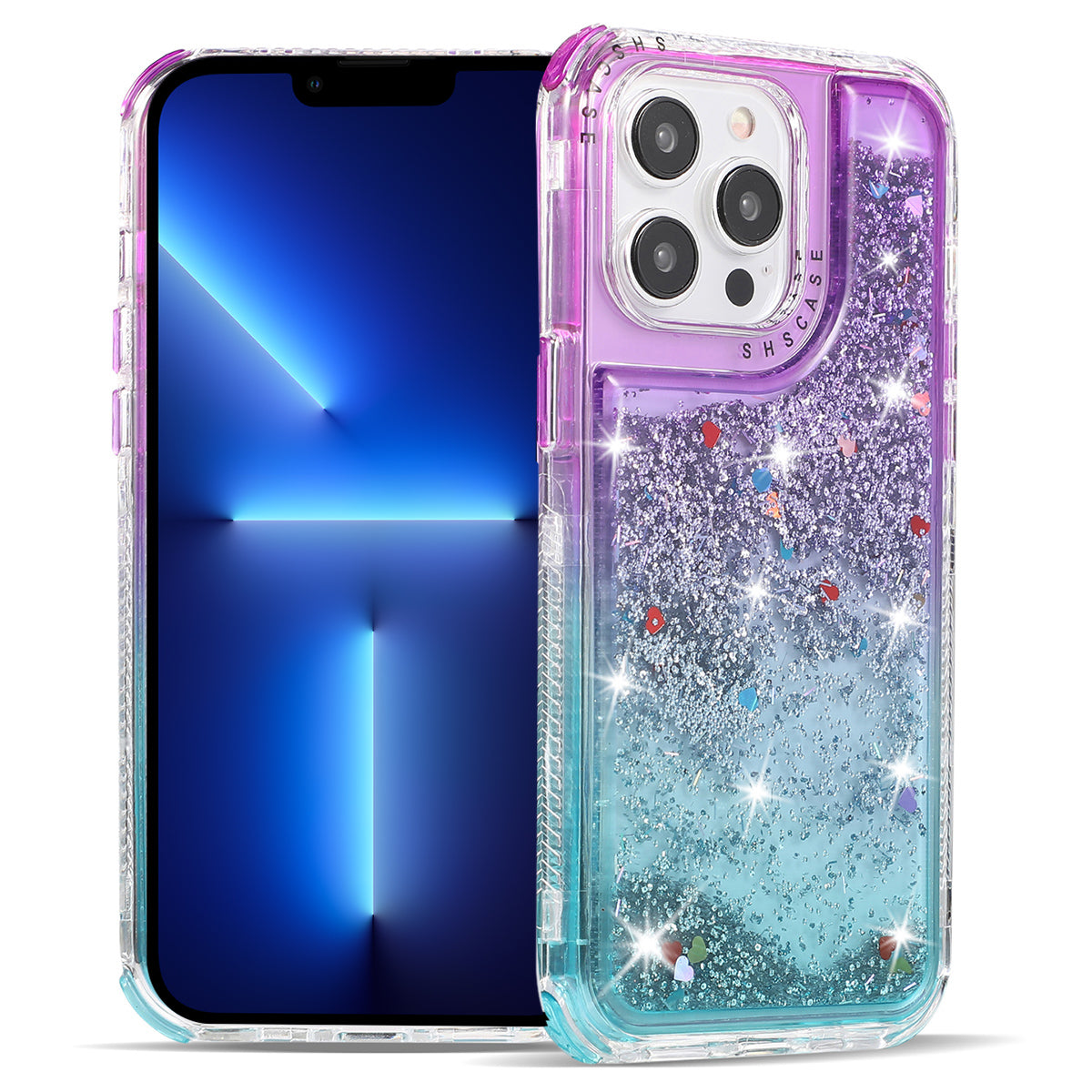 For iPhone 13 Pro Max 6.7 inch Case TPU+PC Sparkle Gradient Quicksand Cell Phone Cover - Pink+Purple