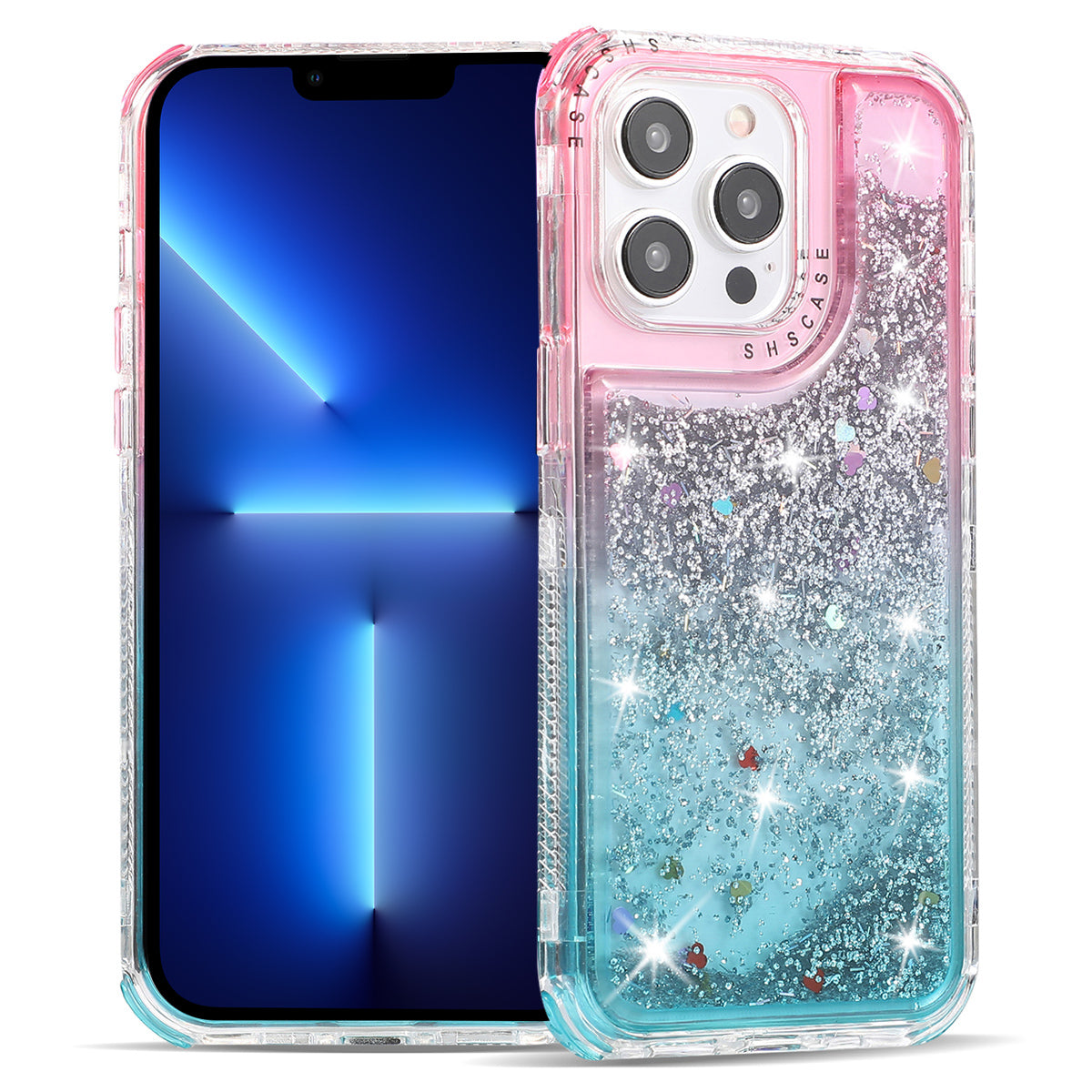 For iPhone 13 Pro Max 6.7 inch Case TPU+PC Sparkle Gradient Quicksand Cell Phone Cover - Pink+Purple
