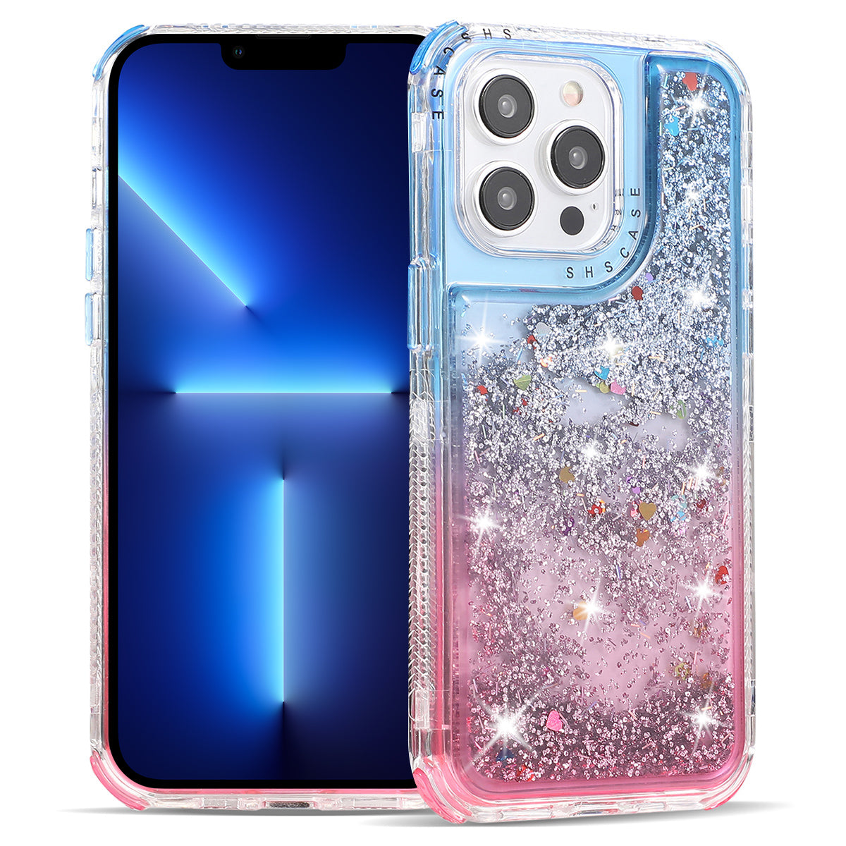 For iPhone 13 Pro Max 6.7 inch Case TPU+PC Sparkle Gradient Quicksand Cell Phone Cover - Pink+Purple
