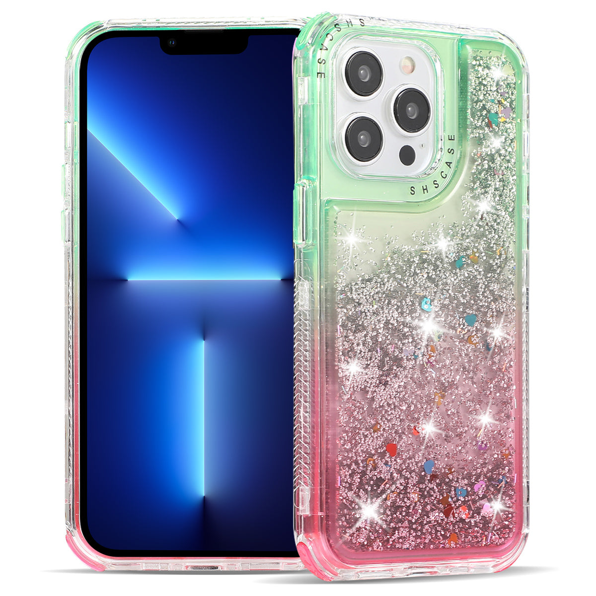 For iPhone 13 Pro Max 6.7 inch Case TPU+PC Sparkle Gradient Quicksand Cell Phone Cover - Pink+Purple