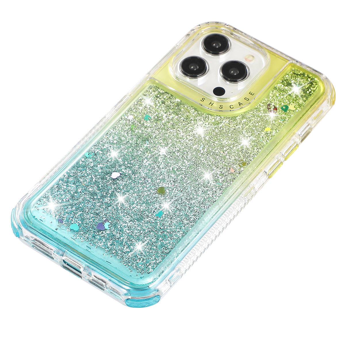 For iPhone 14 Pro Max Cell Phone Case Slim-Fit TPU+PC Glitter Gradient Quicksand Back Shell - Gold+Light Blue