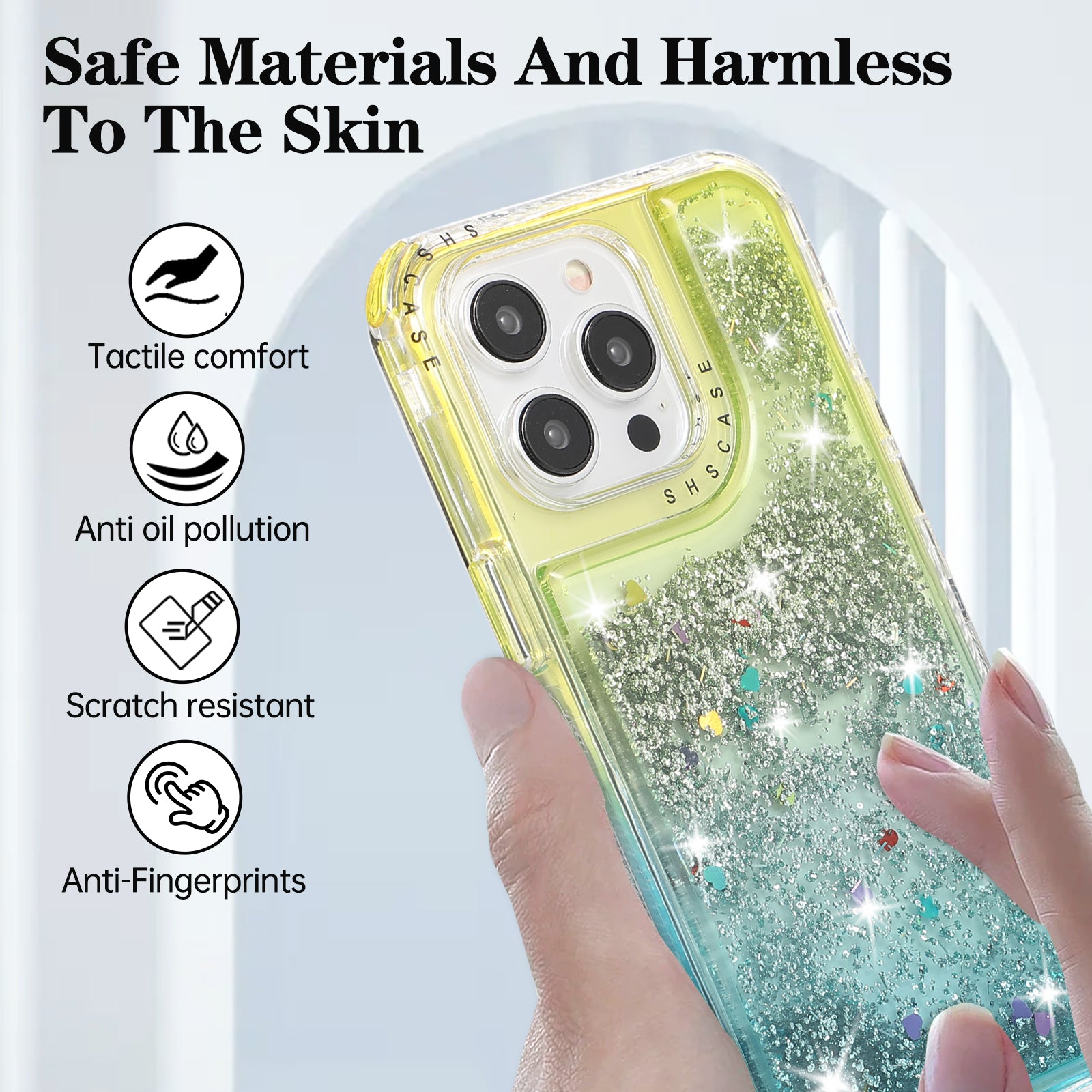For iPhone 14 Pro Max Cell Phone Case Slim-Fit TPU+PC Glitter Gradient Quicksand Back Shell - Gold+Light Blue