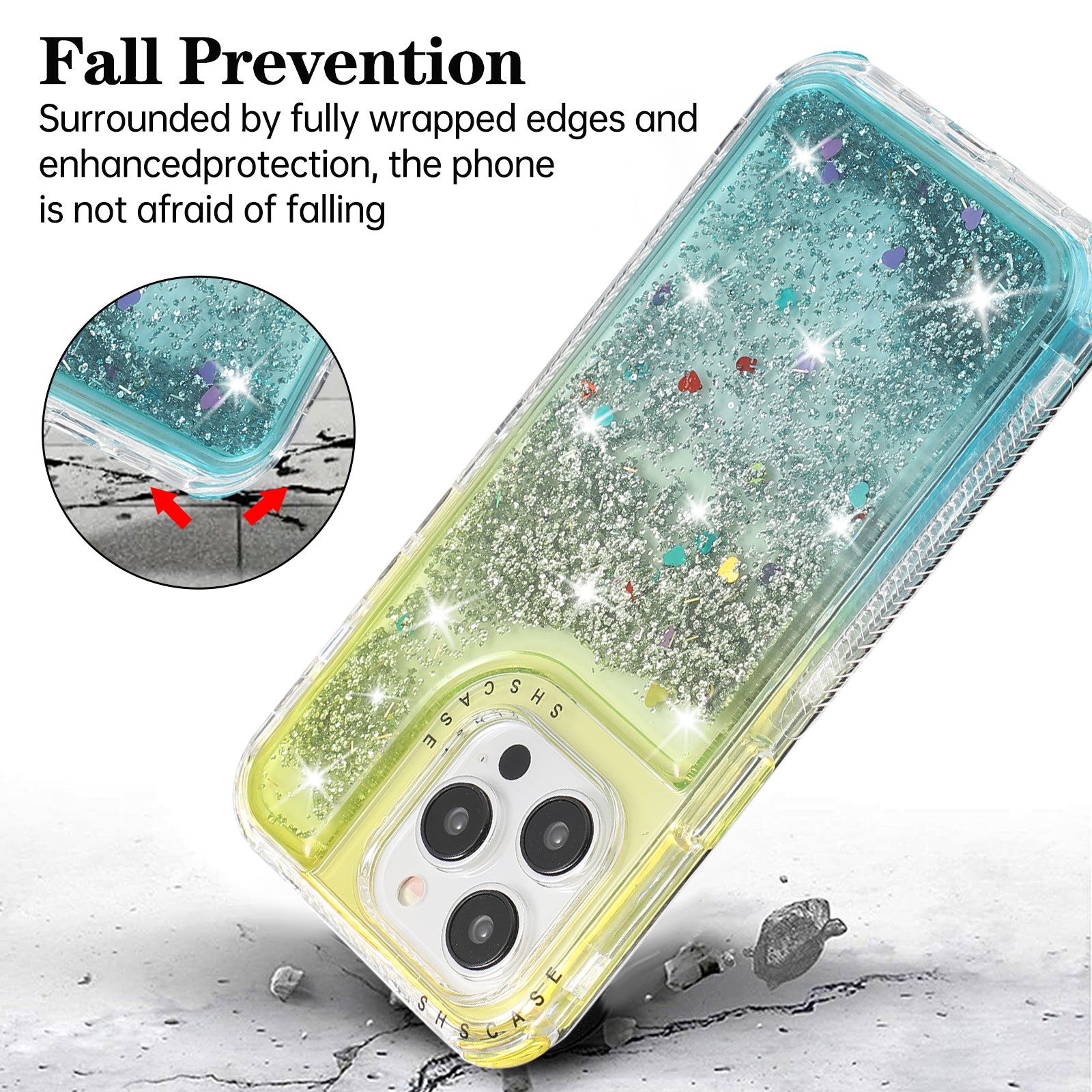 For iPhone 14 Pro Max Cell Phone Case Slim-Fit TPU+PC Glitter Gradient Quicksand Back Shell - Gold+Light Blue
