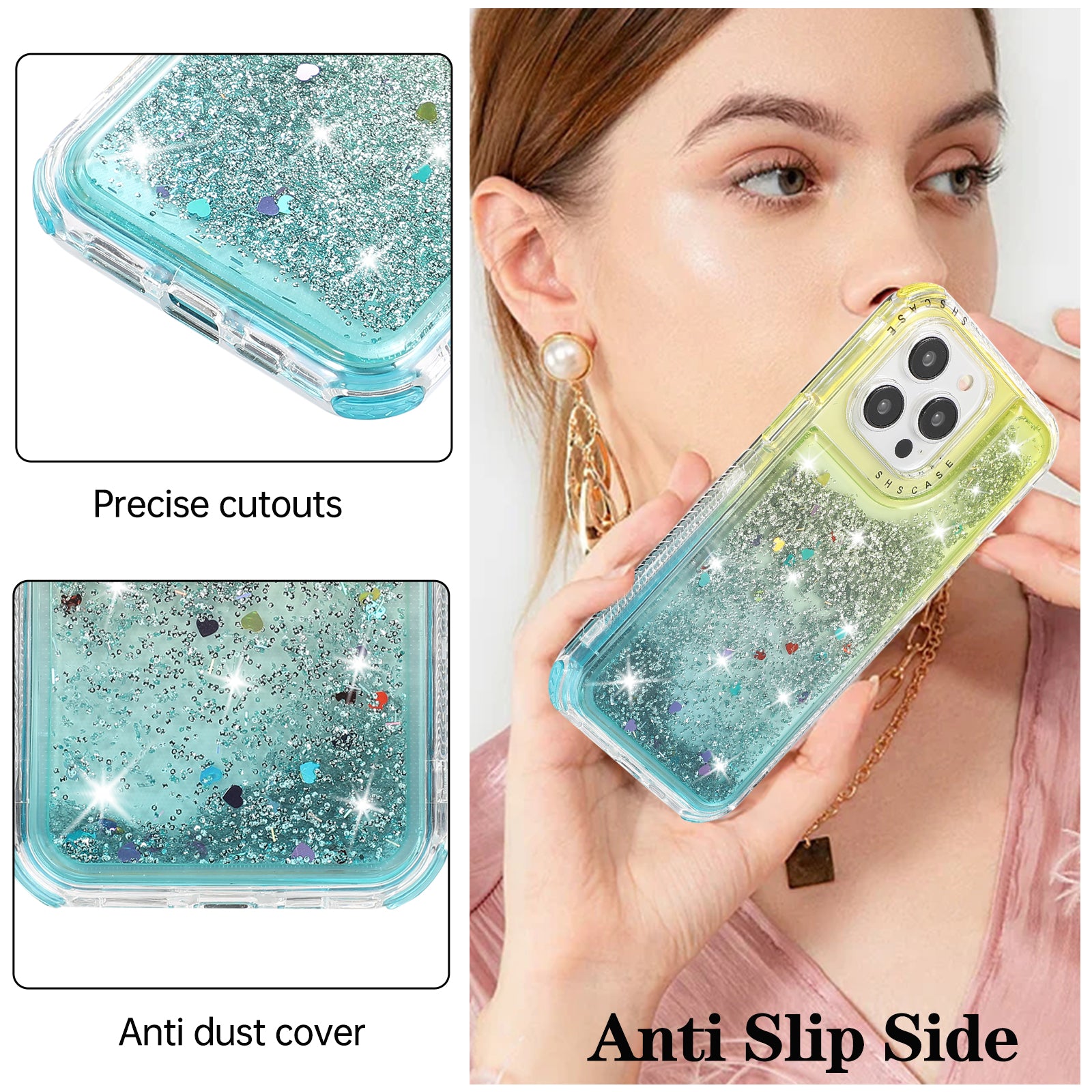 For iPhone 14 Pro Max Cell Phone Case Slim-Fit TPU+PC Glitter Gradient Quicksand Back Shell - Gold+Light Blue