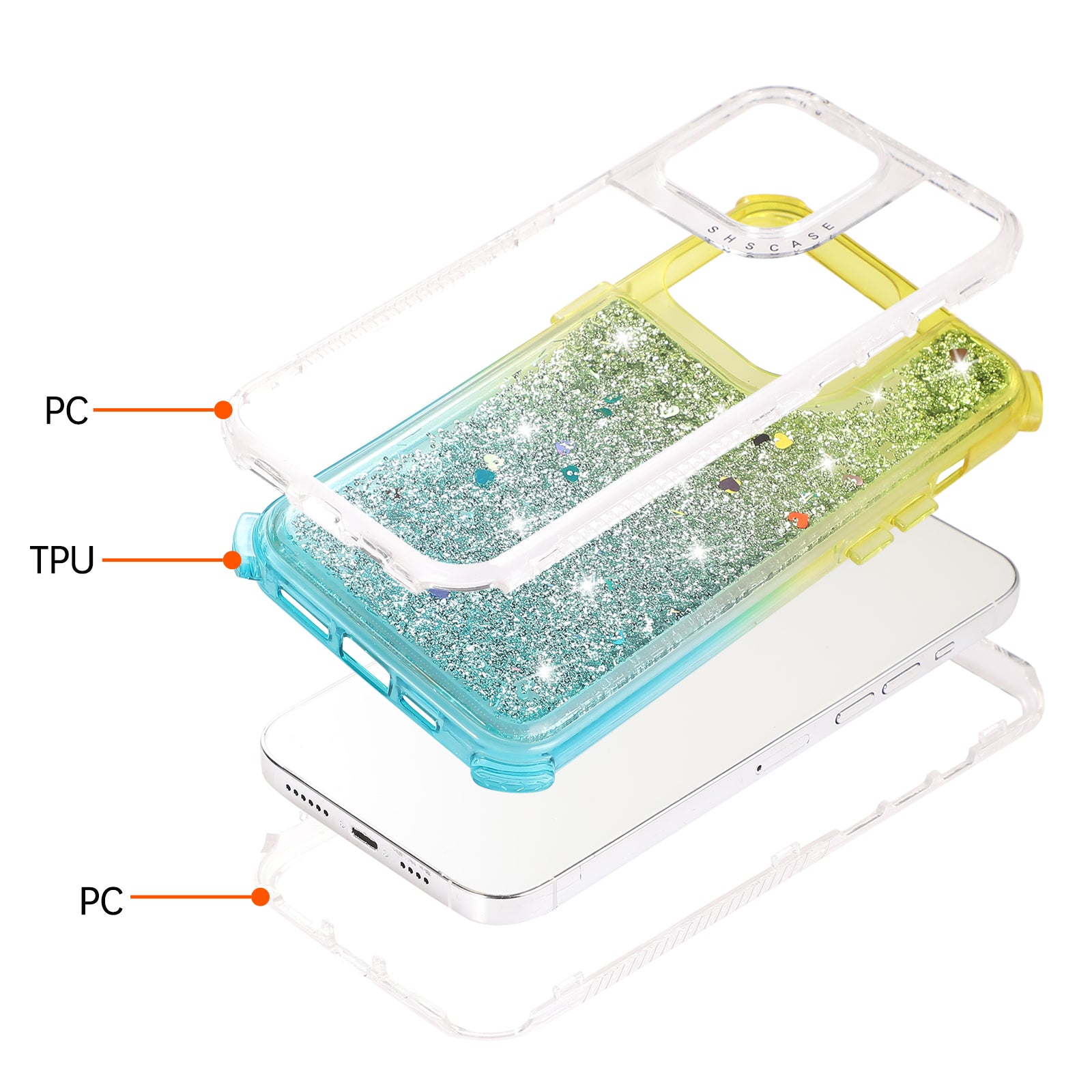 For iPhone 14 Pro Max Cell Phone Case Slim-Fit TPU+PC Glitter Gradient Quicksand Back Shell - Gold+Light Blue