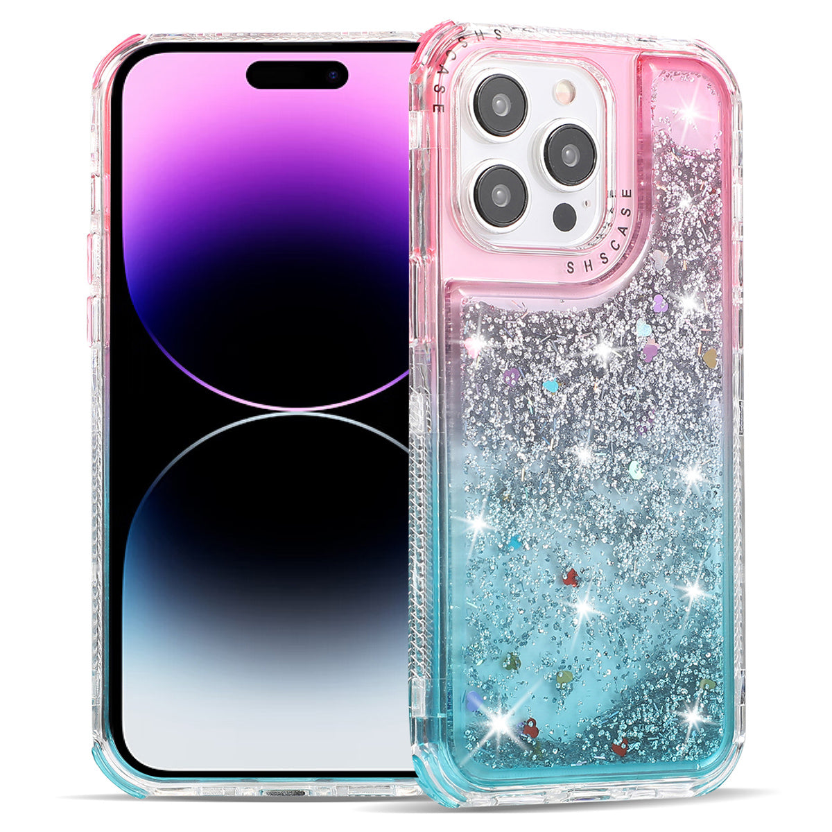 For iPhone 14 Pro Max Cell Phone Case Slim-Fit TPU+PC Glitter Gradient Quicksand Back Shell - Gold+Light Blue