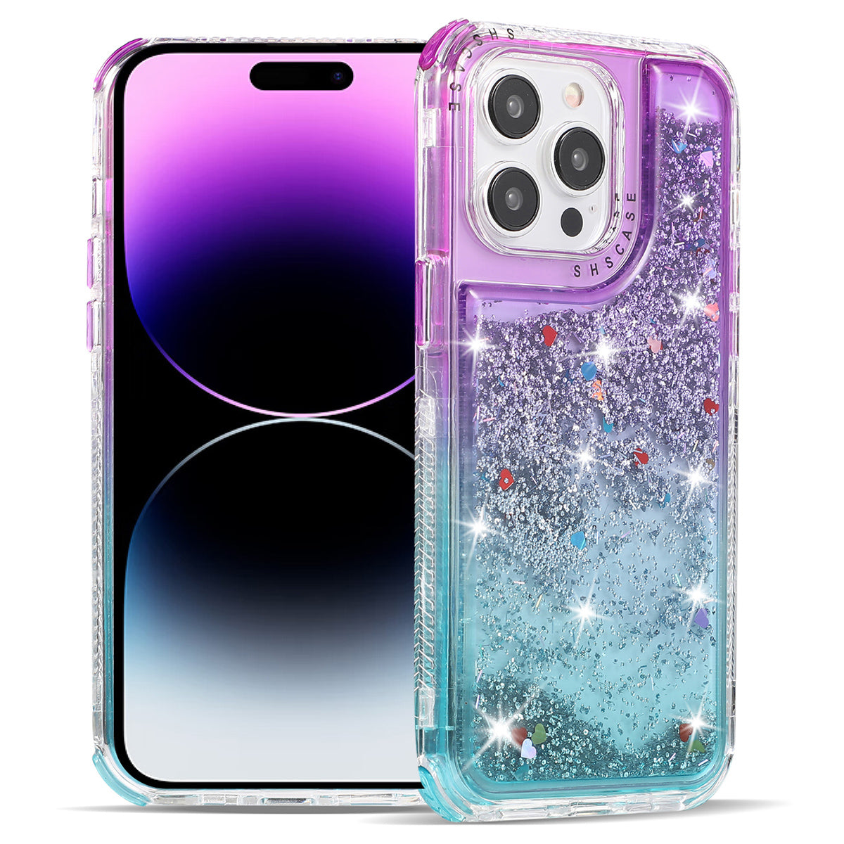For iPhone 14 Pro Max Cell Phone Case Slim-Fit TPU+PC Glitter Gradient Quicksand Back Shell - Gold+Light Blue