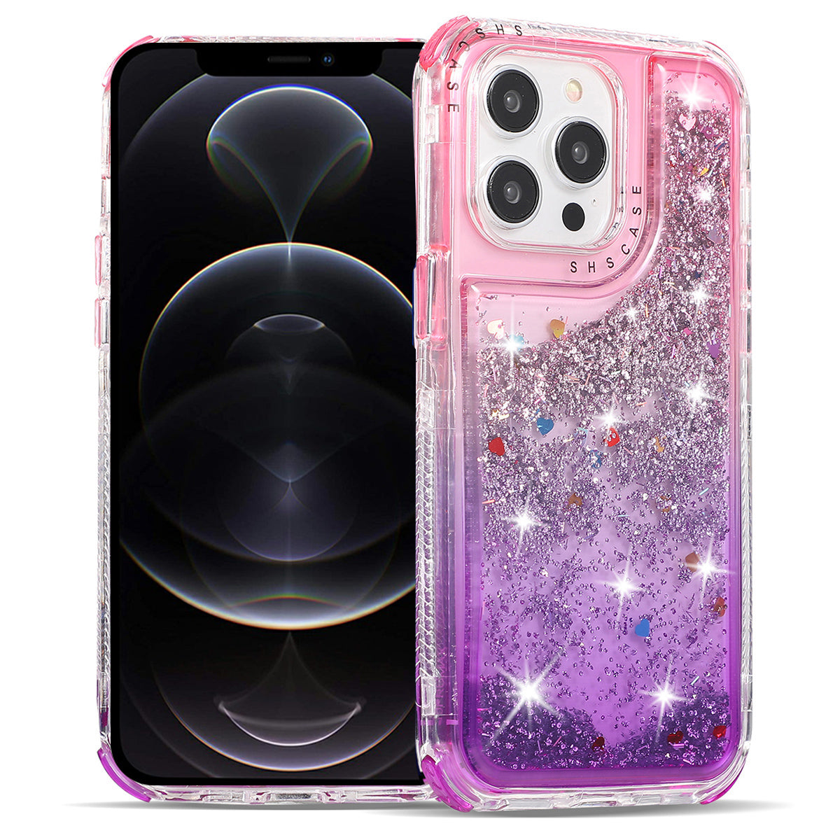 For iPhone 12 Pro Max 6.7 inch Case Gradient Dual Color Quicksand TPU+PC Phone Protective Cover - Pink+Purple