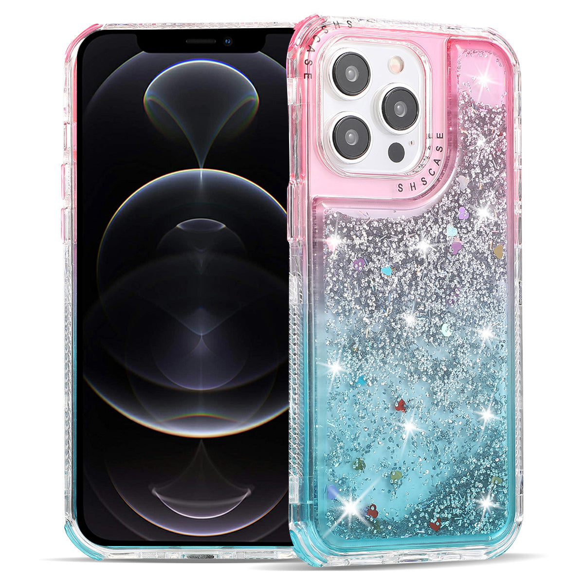 For iPhone 12 Pro Max 6.7 inch Case Gradient Dual Color Quicksand TPU+PC Phone Protective Cover - Pink+Purple