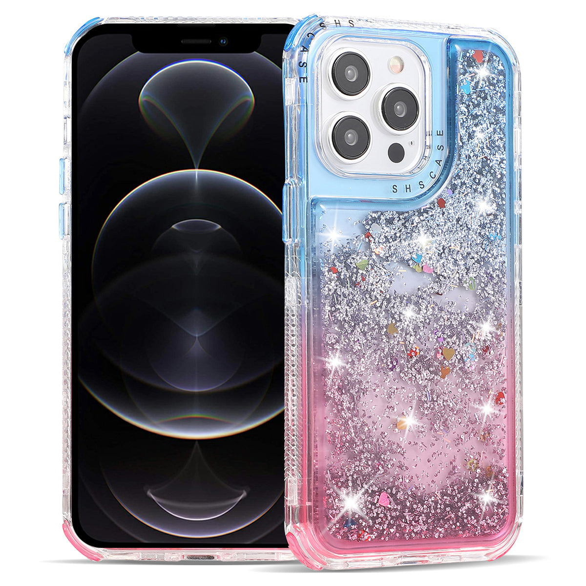 For iPhone 12 Pro Max 6.7 inch Case Gradient Dual Color Quicksand TPU+PC Phone Protective Cover - Pink+Purple