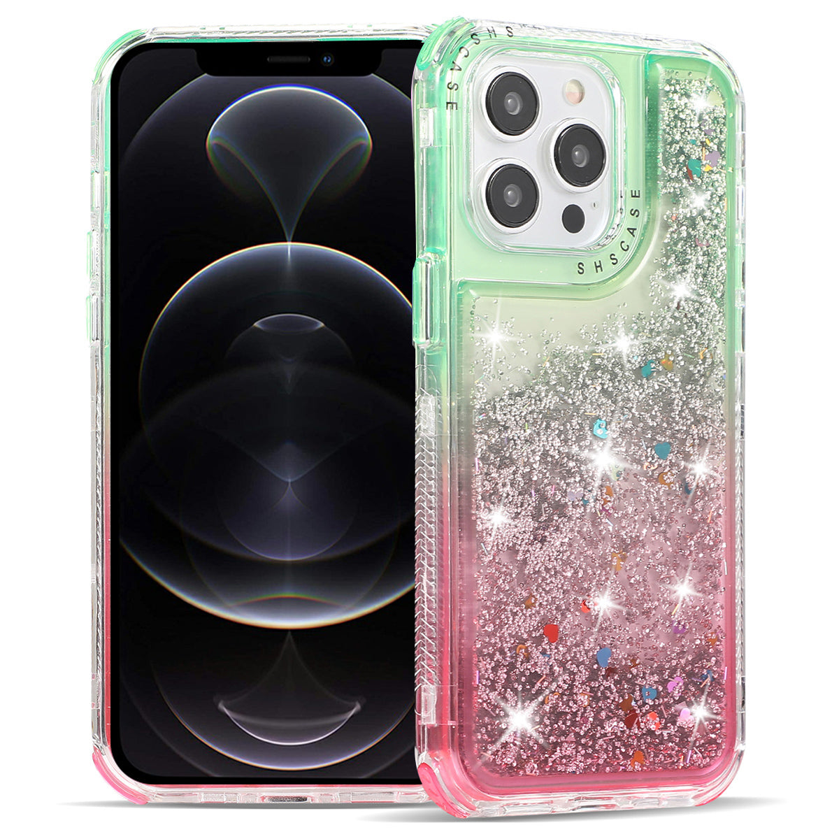 For iPhone 12 Pro Max 6.7 inch Case Gradient Dual Color Quicksand TPU+PC Phone Protective Cover - Pink+Purple