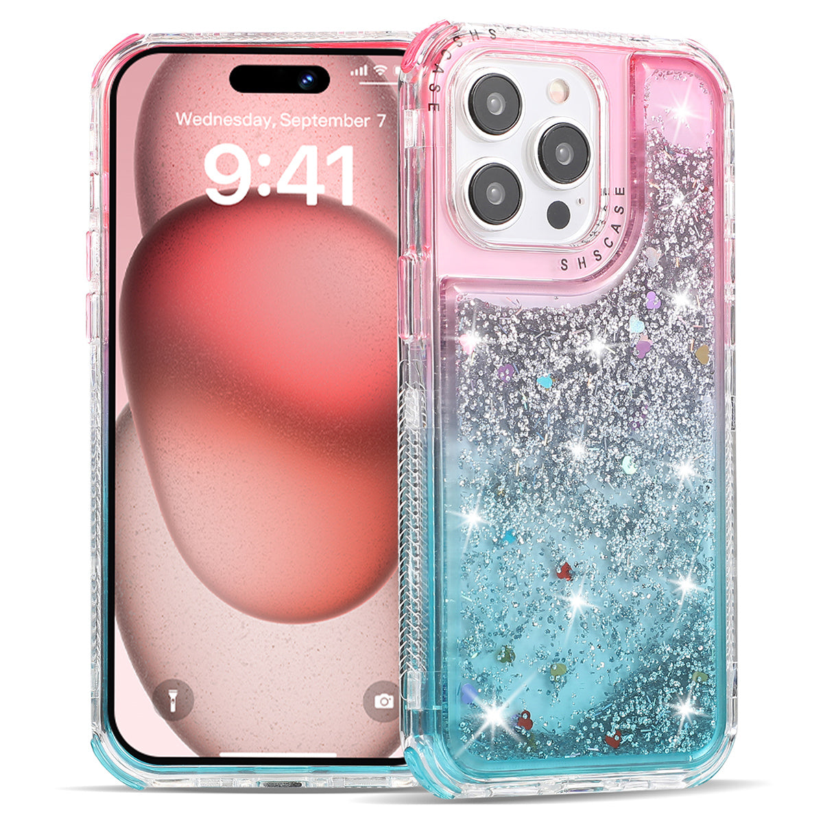 For iPhone 15 Pro Max Case Quicksand Liquid Floating Anti Slip TPU+PC Smart Phone Cover - Pink+Light Blue